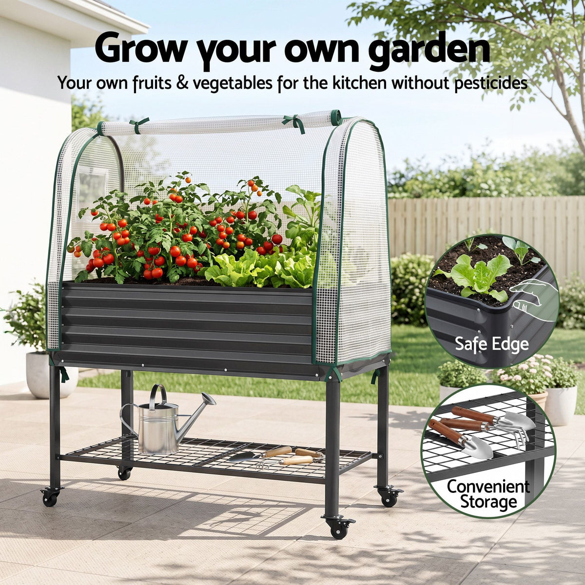 Mobile Raised Garden Bed with Greenhouse Cover and Storage Shelf for Tomatoes, Vegetables, Herbs - Charcoal - Home & Garden > Garden Beds > Garden Beds & Planters - Rivercity House & Home Co. (ABN 18 642 972 209) - Affordable Modern Furniture Australia