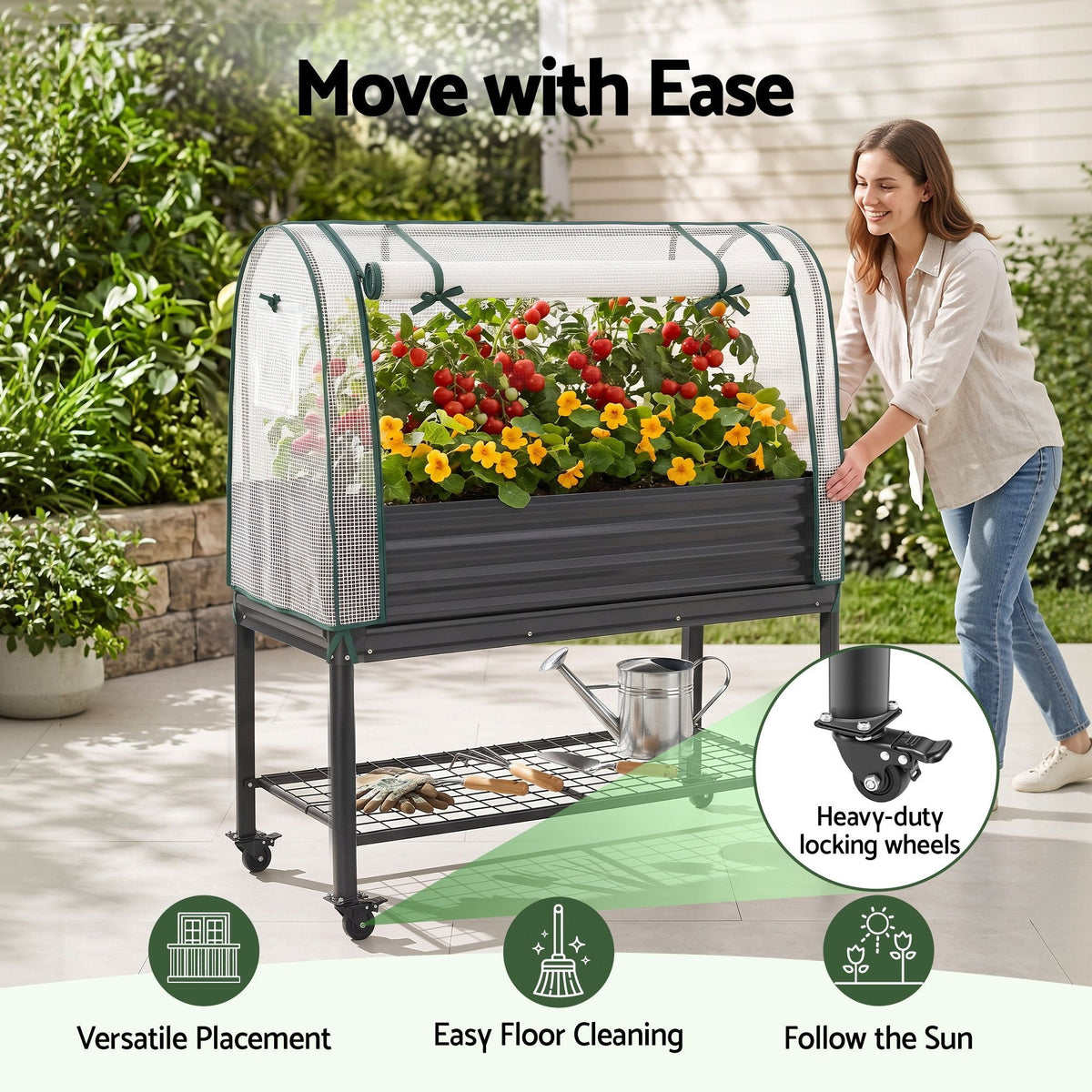 Mobile Raised Garden Bed with Greenhouse Cover and Storage Shelf for Tomatoes, Vegetables, Herbs - Charcoal - Home & Garden > Garden Beds > Garden Beds & Planters - Rivercity House & Home Co. (ABN 18 642 972 209) - Affordable Modern Furniture Australia