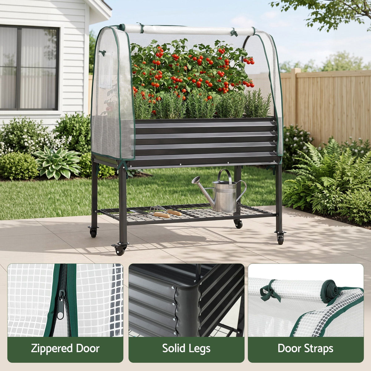 Mobile Raised Garden Bed with Greenhouse Cover and Storage Shelf for Tomatoes, Vegetables, Herbs - Charcoal - Home & Garden > Garden Beds > Garden Beds & Planters - Rivercity House & Home Co. (ABN 18 642 972 209) - Affordable Modern Furniture Australia