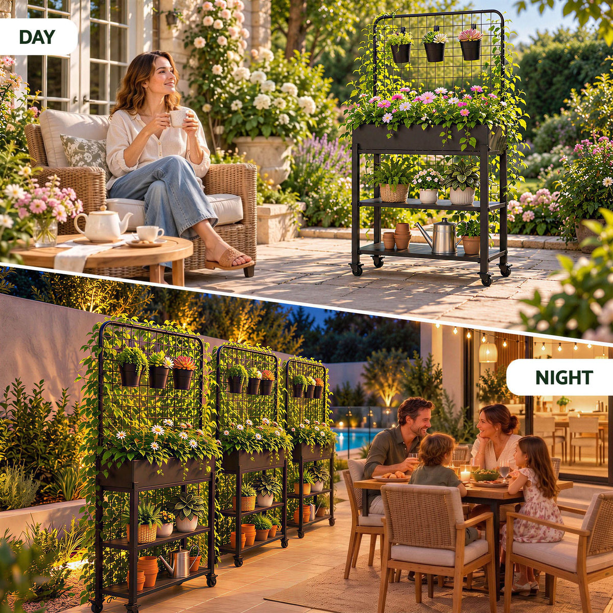 Mobile Raised Garden Bed with Trellis & Shelves - Dark Grey - Home & Garden > Garden Beds > Garden Beds & Planters - Rivercity House & Home Co. (ABN 18 642 972 209) - Affordable Modern Furniture Australia