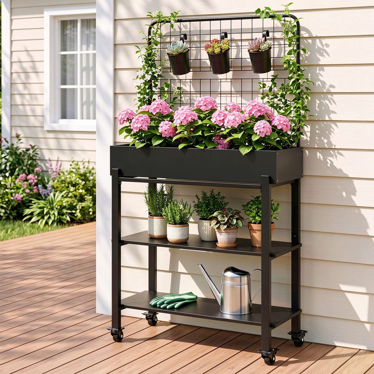 Mobile Raised Garden Bed with Trellis & Shelves - Dark Grey - Home & Garden > Garden Beds > Garden Beds & Planters - Rivercity House & Home Co. (ABN 18 642 972 209) - Affordable Modern Furniture Australia