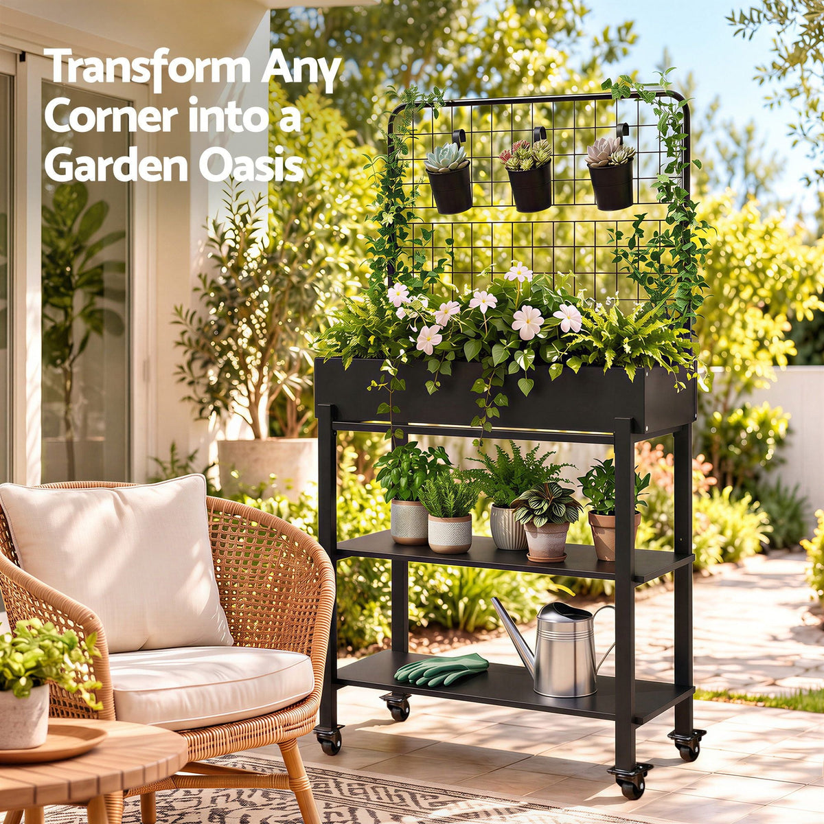 Mobile Raised Garden Bed with Trellis & Shelves - Dark Grey - Home & Garden > Garden Beds > Garden Beds & Planters - Rivercity House & Home Co. (ABN 18 642 972 209) - Affordable Modern Furniture Australia