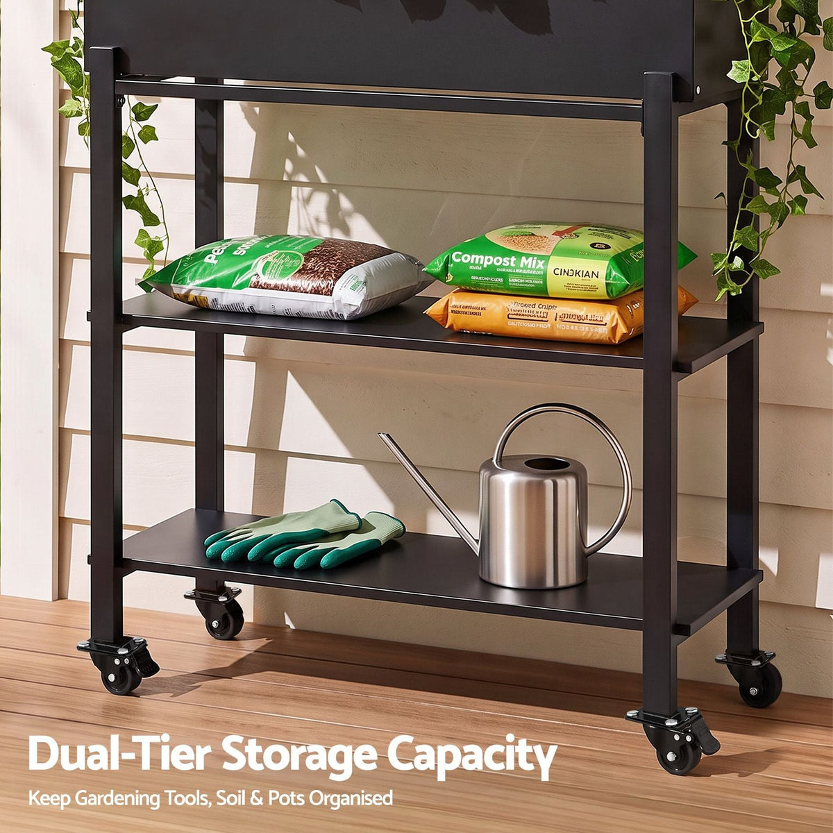 Mobile Raised Garden Bed with Trellis & Shelves - Dark Grey - Home & Garden > Garden Beds > Garden Beds & Planters - Rivercity House & Home Co. (ABN 18 642 972 209) - Affordable Modern Furniture Australia