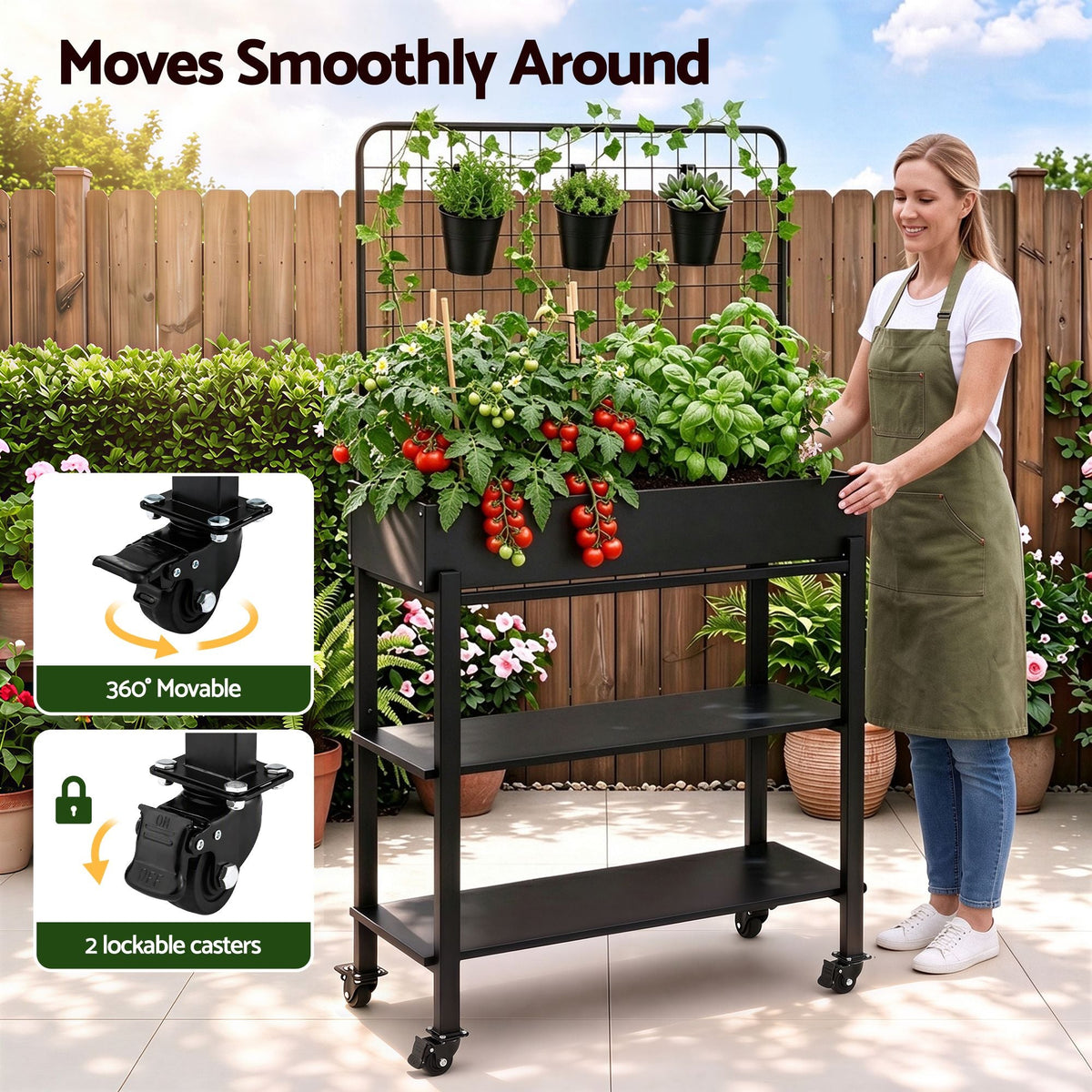 Mobile Raised Garden Bed with Trellis & Shelves - Dark Grey - Home & Garden > Garden Beds > Garden Beds & Planters - Rivercity House & Home Co. (ABN 18 642 972 209) - Affordable Modern Furniture Australia