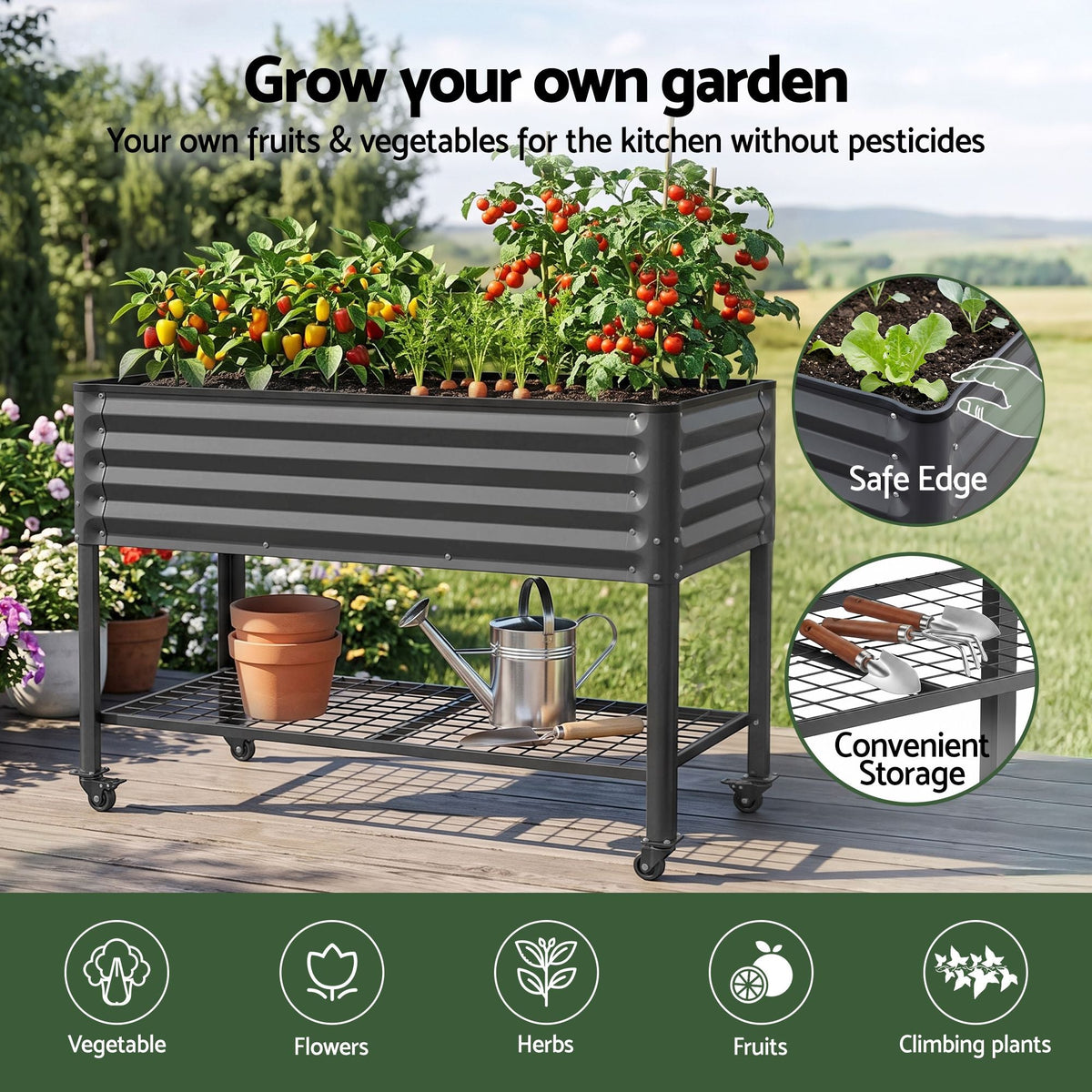 Mobile Raised Garden Bed with Wheels and Storage Shelf 81cm Height for Vegetables and Herbs - Charcoal - Home & Garden > Garden Beds > Garden Beds & Planters - Rivercity House & Home Co. (ABN 18 642 972 209) - Affordable Modern Furniture Australia
