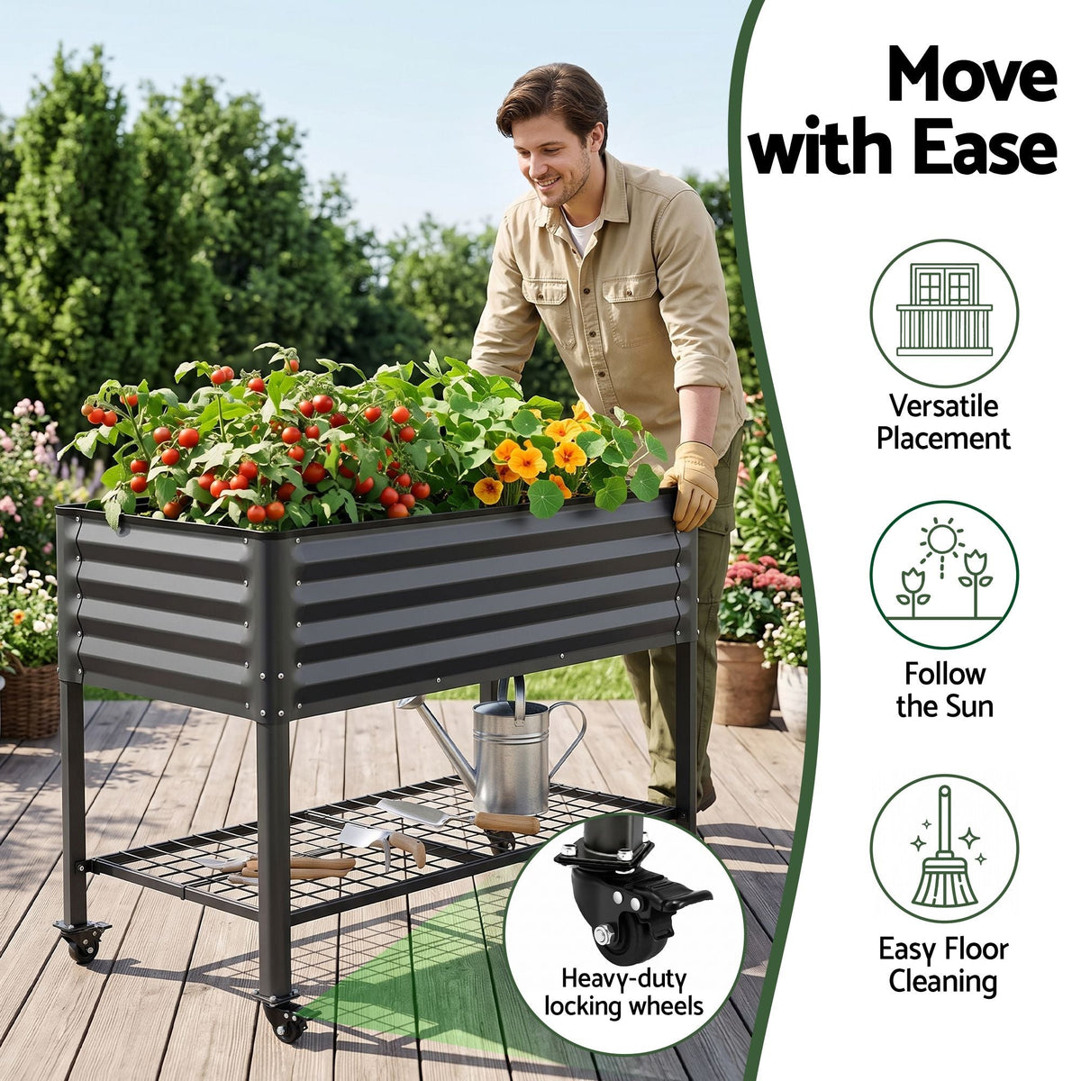 Mobile Raised Garden Bed with Wheels and Storage Shelf 81cm Height for Vegetables and Herbs - Charcoal - Home & Garden > Garden Beds > Garden Beds & Planters - Rivercity House & Home Co. (ABN 18 642 972 209) - Affordable Modern Furniture Australia