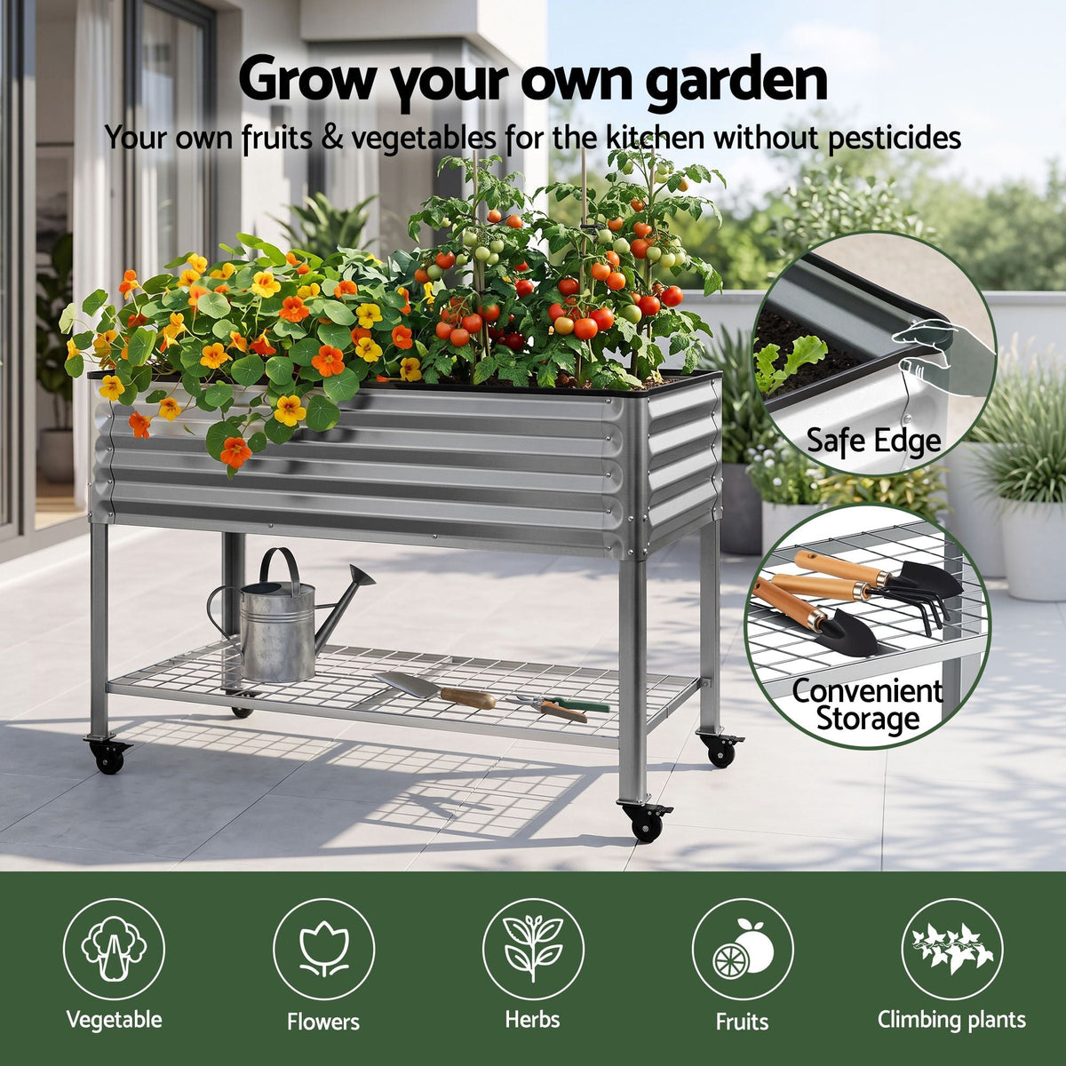 Mobile Raised Garden Bed with Wheels and Storage Shelf 81cm Height - Silver - Home & Garden > Garden Beds > Garden Beds & Planters - Rivercity House & Home Co. (ABN 18 642 972 209) - Affordable Modern Furniture Australia