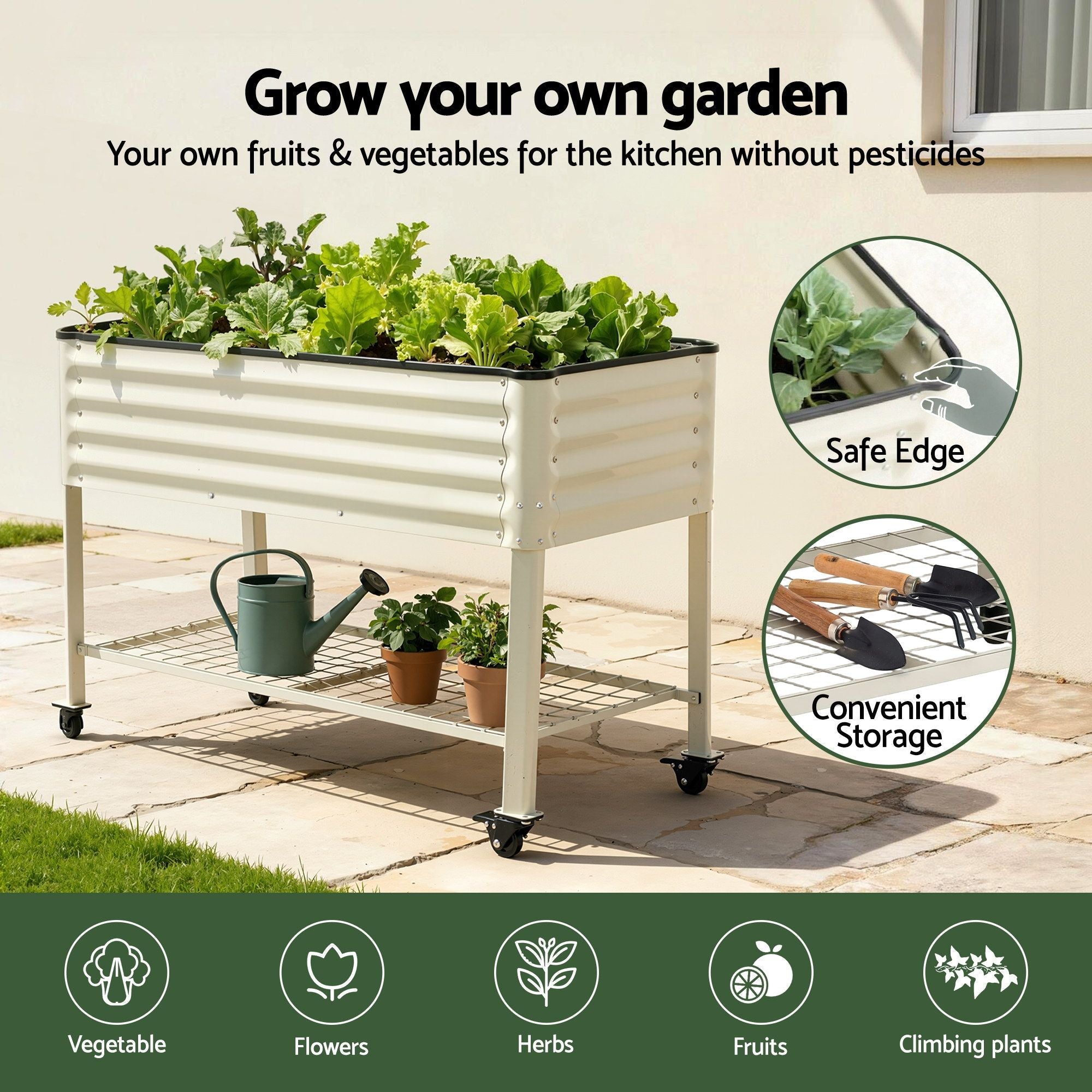 Mobile Raised Garden Bed With Wheels Storage Shelf 81cm Height for Vegetables Herb White - Home & Garden > Garden Beds > Garden Beds & Planters - Rivercity House & Home Co. (ABN 18 642 972 209) - Affordable Modern Furniture Australia
