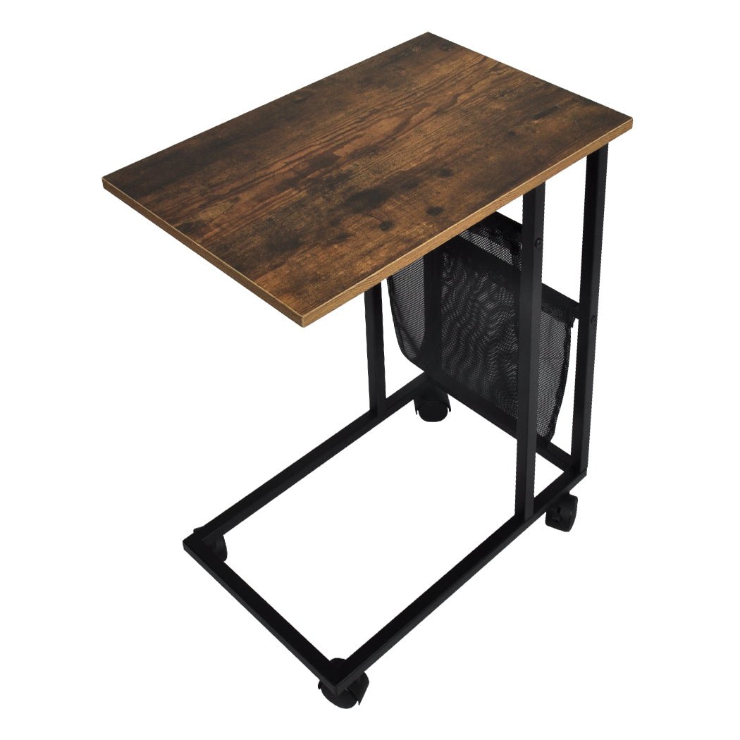 Mobile Side Table with Lockable Wheels and Mesh Pocket - Brown and Black - Rivercity House & Home Co. (ABN 18 642 972 209) - Affordable Modern Furniture Australia