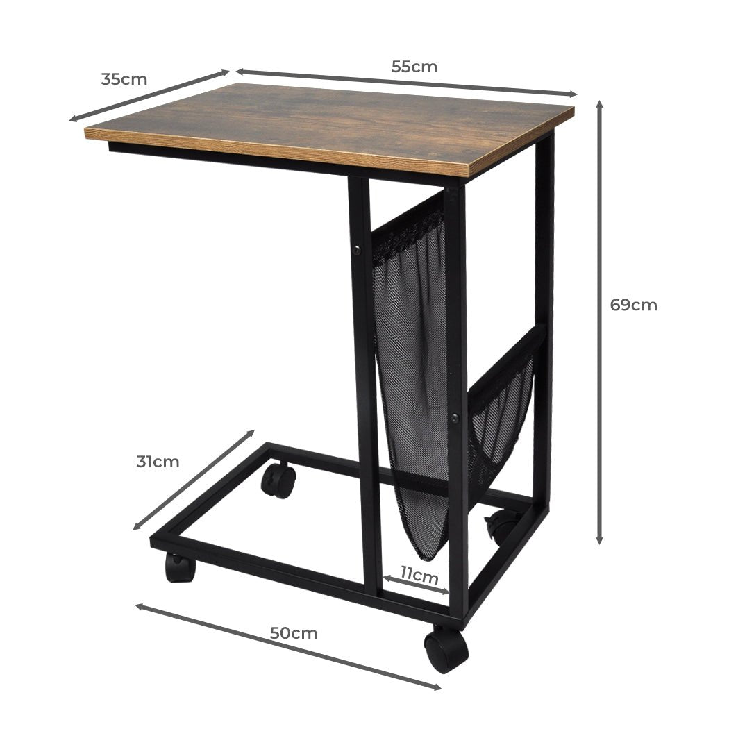 Mobile Side Table with Lockable Wheels and Mesh Pocket - Brown and Black - Rivercity House & Home Co. (ABN 18 642 972 209) - Affordable Modern Furniture Australia