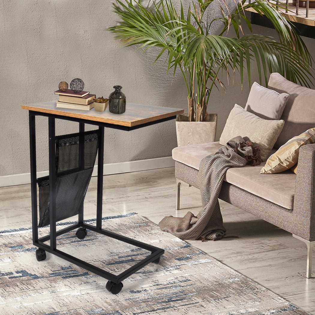 Mobile Side Table with Lockable Wheels and Mesh Pocket - Brown and Black - Rivercity House & Home Co. (ABN 18 642 972 209) - Affordable Modern Furniture Australia