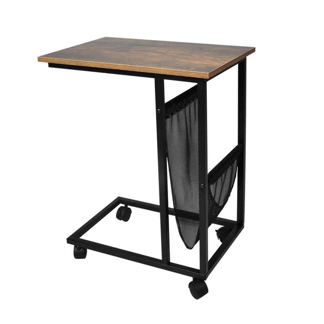 Mobile Side Table with Lockable Wheels and Mesh Pocket - Brown and Black - Rivercity House & Home Co. (ABN 18 642 972 209) - Affordable Modern Furniture Australia