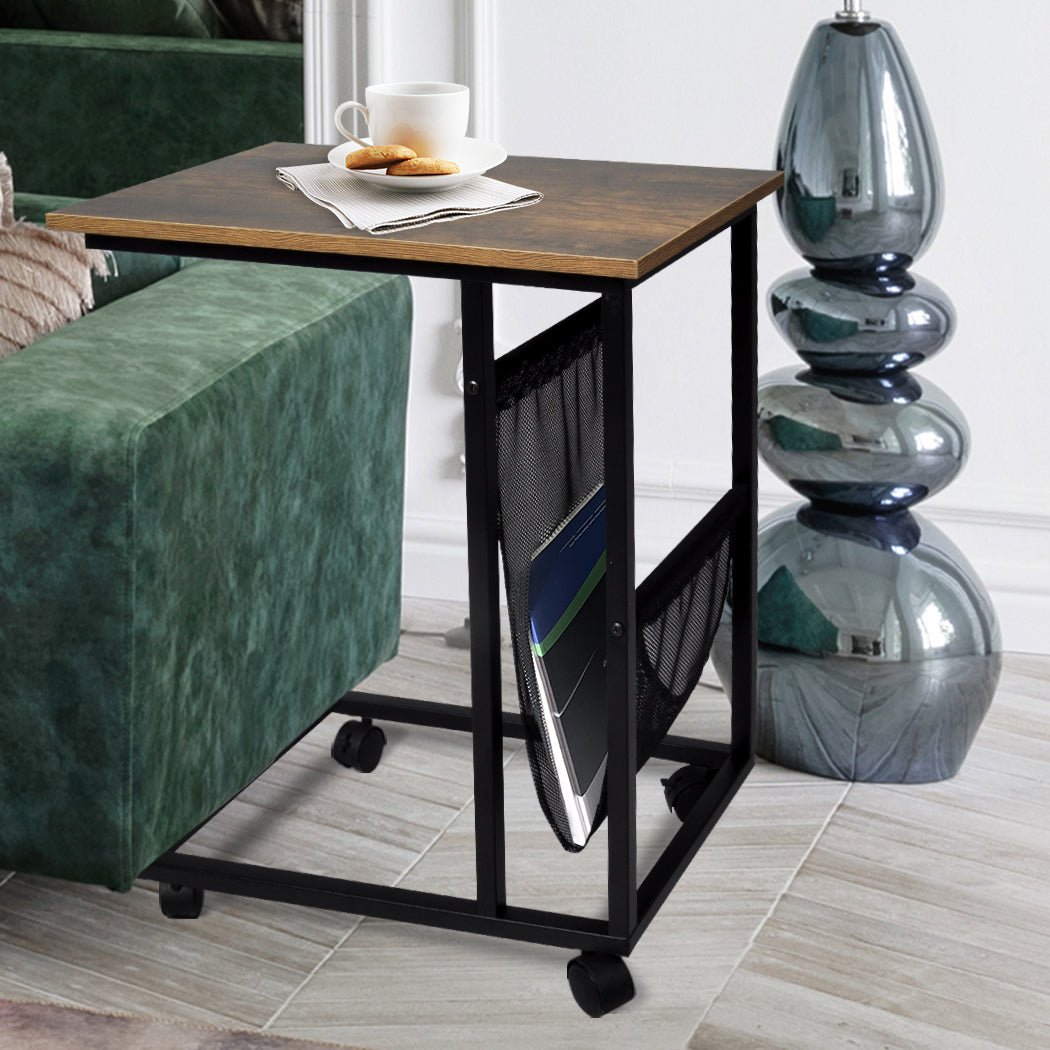 Mobile Side Table with Lockable Wheels and Mesh Pocket - Brown and Black - Rivercity House & Home Co. (ABN 18 642 972 209) - Affordable Modern Furniture Australia