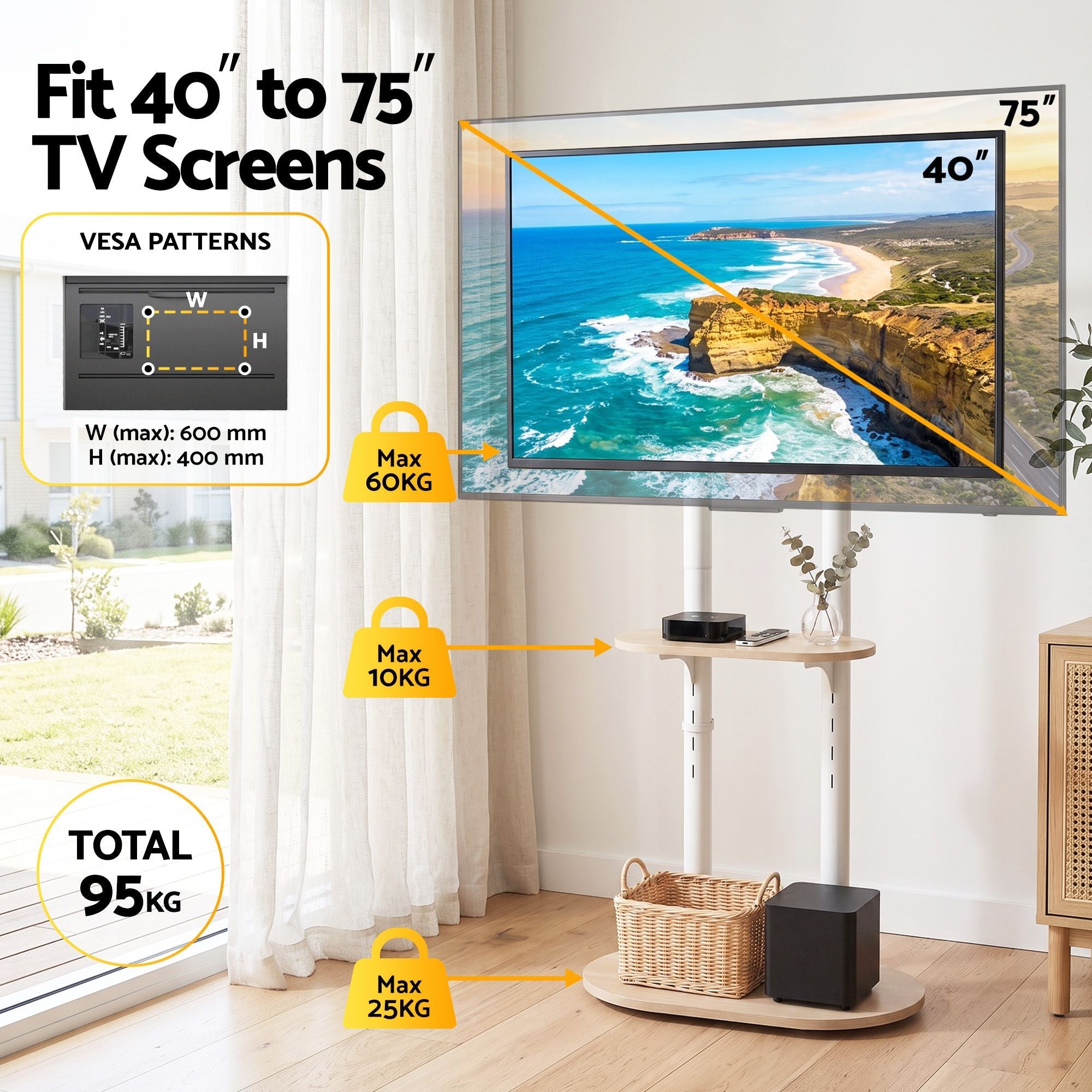 Mobile TV Floor Stand 40-75" with Adjustable Shelves and Wheels - Appliances > TV > TVs & Accessories - Rivercity House & Home Co. (ABN 18 642 972 209) - Affordable Modern Furniture Australia