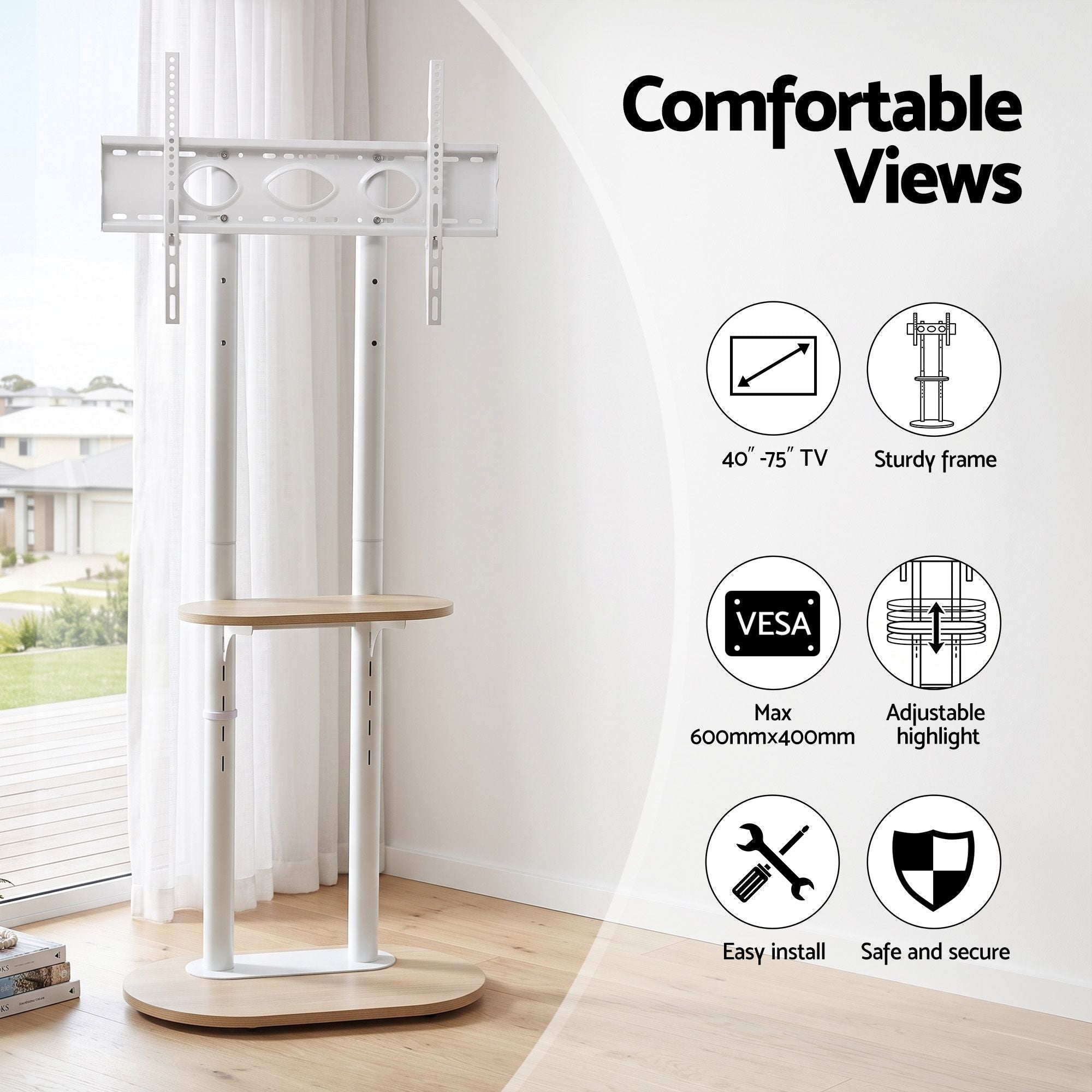 Mobile TV Floor Stand 40-75" with Adjustable Shelves and Wheels - Appliances > TV > TVs & Accessories - Rivercity House & Home Co. (ABN 18 642 972 209) - Affordable Modern Furniture Australia