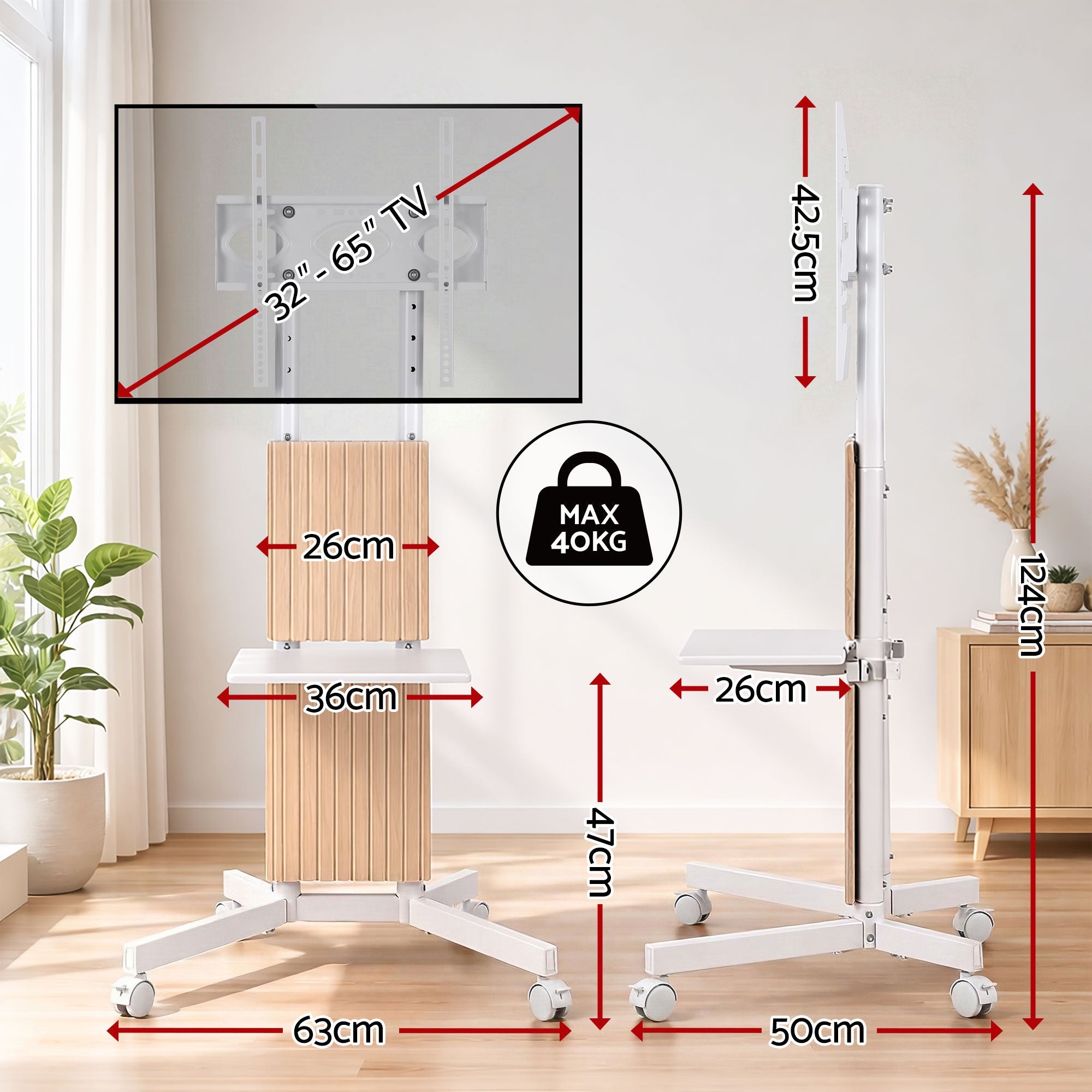 Mobile TV Floor Stand for 32 - 65" Mount Bracket Universal Adjustable Height with Wheels - Furniture > Living Room > TV Units - Rivercity House & Home Co. (ABN 18 642 972 209) - Affordable Modern Furniture Australia