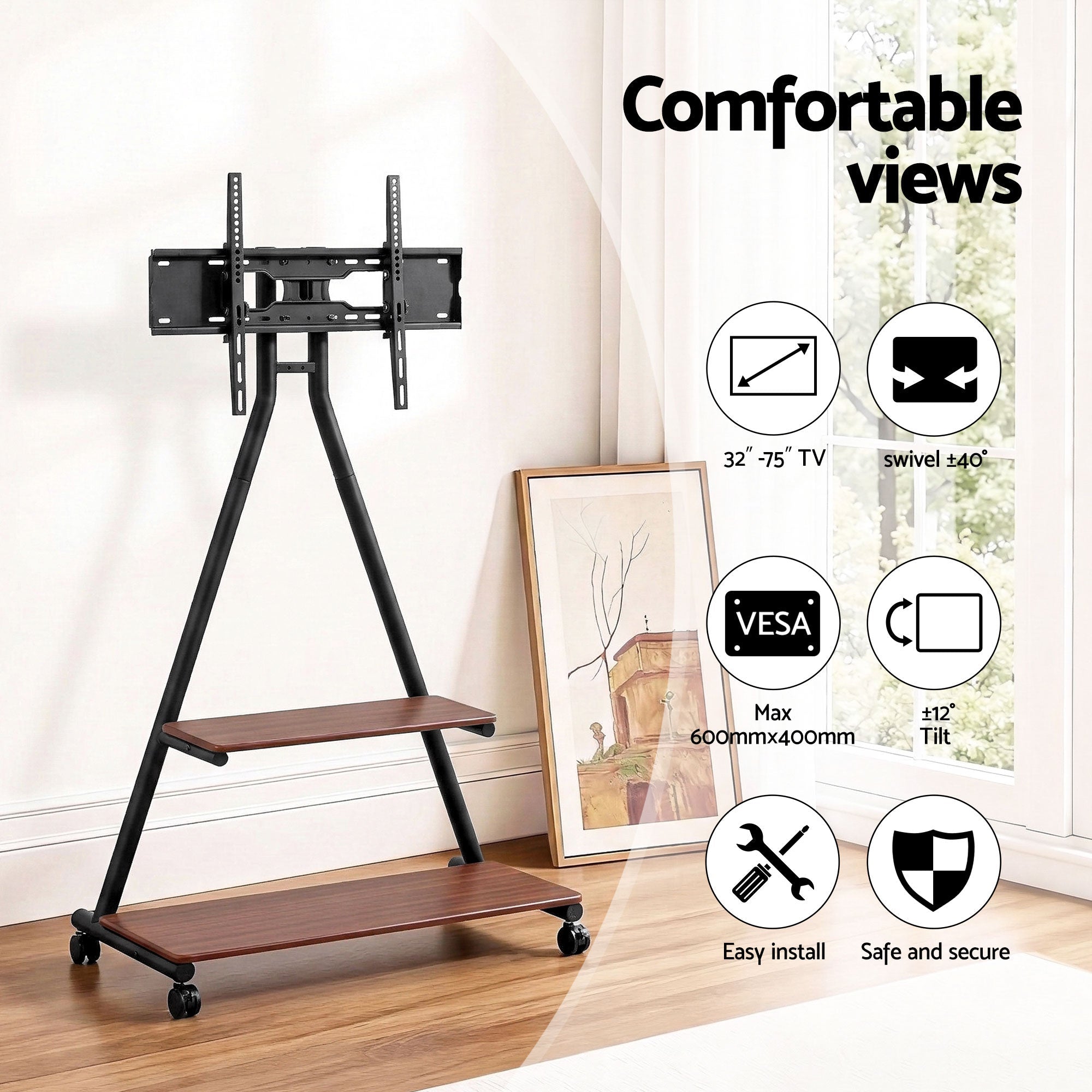 Mobile TV Stand Rolling Cart Wheels 32 - 75" Heavy Duty 133kg Mount Bracket - Furniture > Living Room > TV Units - Rivercity House & Home Co. (ABN 18 642 972 209) - Affordable Modern Furniture Australia