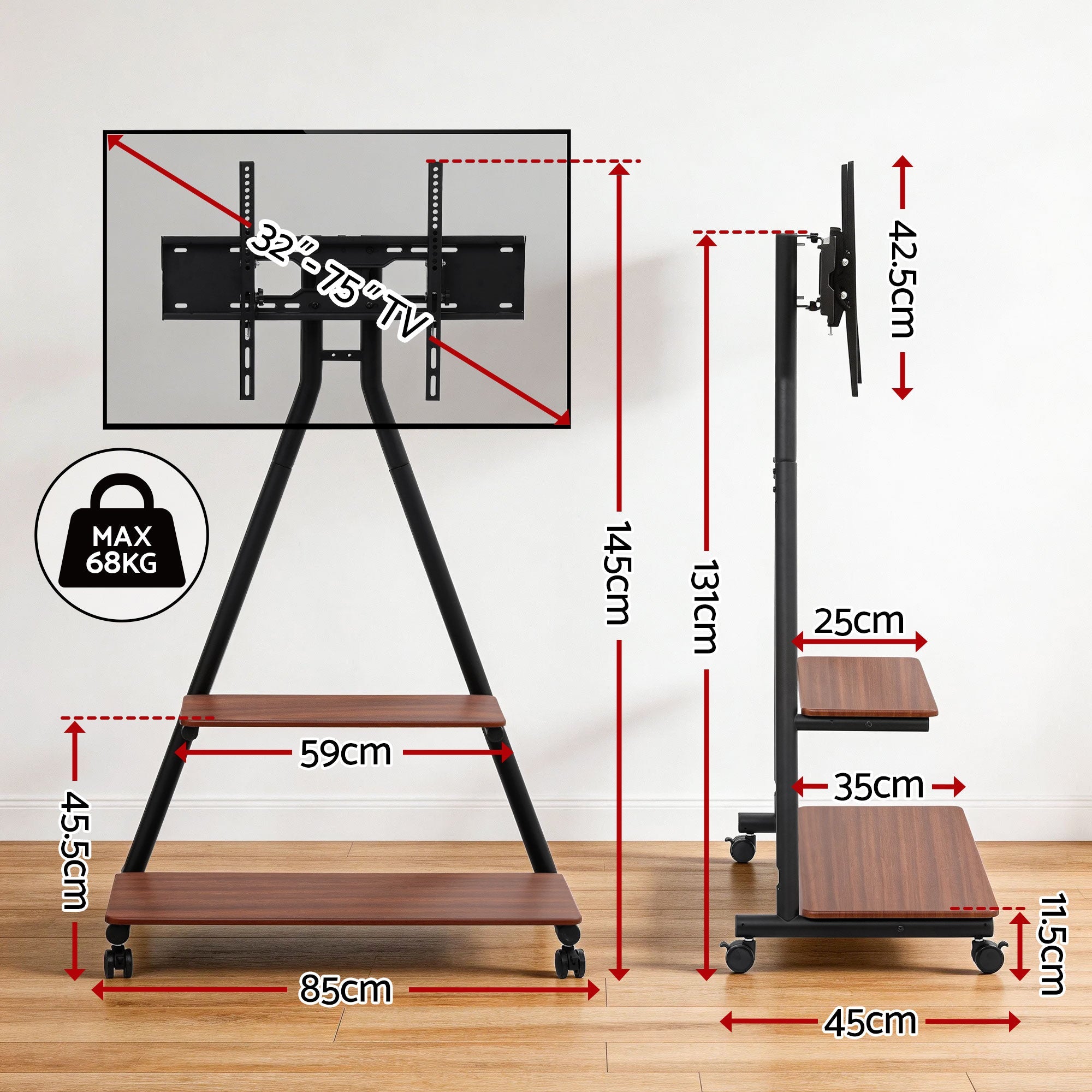Mobile TV Stand Rolling Cart Wheels 32 - 75" Heavy Duty 133kg Mount Bracket - Furniture > Living Room > TV Units - Rivercity House & Home Co. (ABN 18 642 972 209) - Affordable Modern Furniture Australia