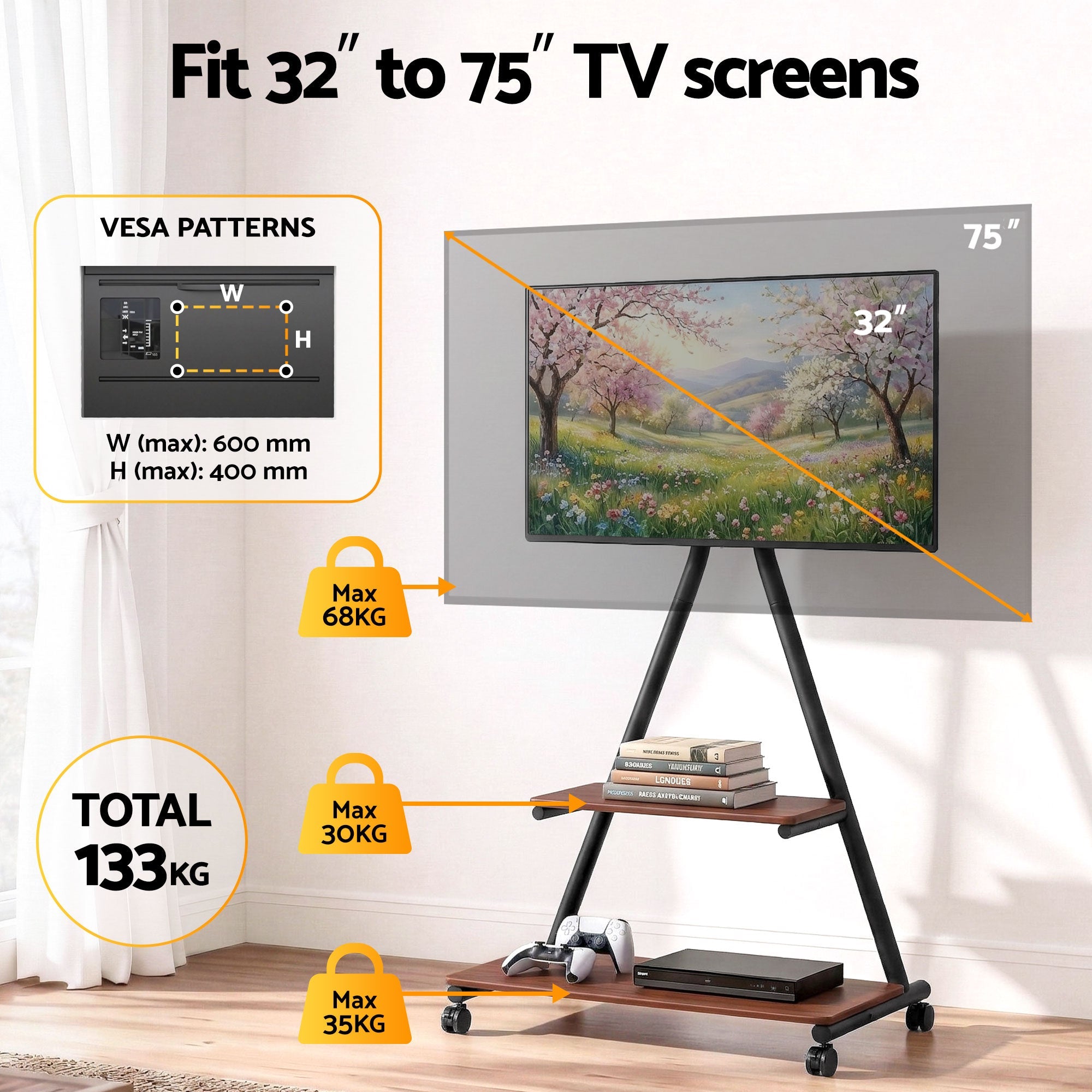 Mobile TV Stand Rolling Cart Wheels 32 - 75" Heavy Duty 133kg Mount Bracket - Furniture > Living Room > TV Units - Rivercity House & Home Co. (ABN 18 642 972 209) - Affordable Modern Furniture Australia