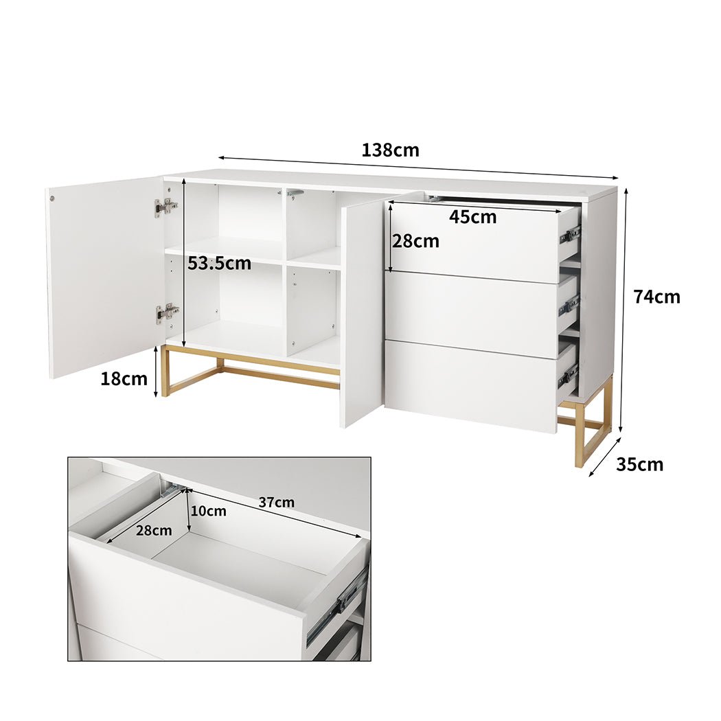Modern Buffet Sideboard Storage Cabinet with Drawers and Shelves - White - Rivercity House & Home Co. (ABN 18 642 972 209) - Affordable Modern Furniture Australia