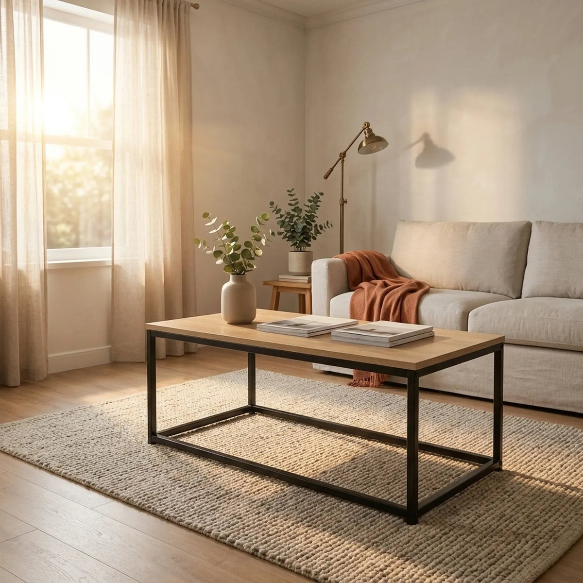 Modern Rustic Coffee Table Wood Top Metal Frame 90x48x40cm - Brown - Furniture > Living Room > TV Units - Rivercity House & Home Co. (ABN 18 642 972 209) - Affordable Modern Furniture Australia