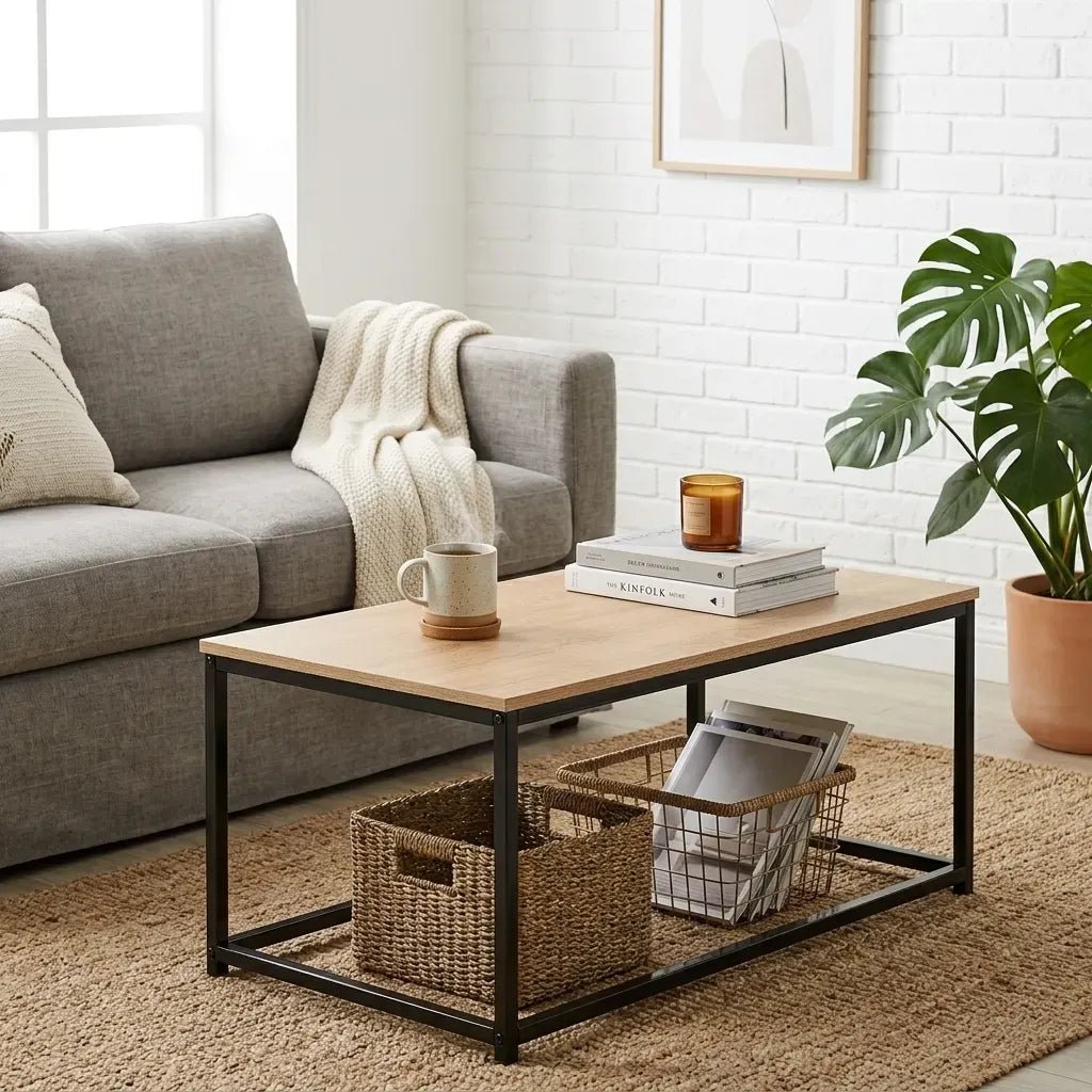 Modern Rustic Coffee Table Wood Top Metal Frame 90x48x40cm - Brown - Furniture > Living Room > TV Units - Rivercity House & Home Co. (ABN 18 642 972 209) - Affordable Modern Furniture Australia