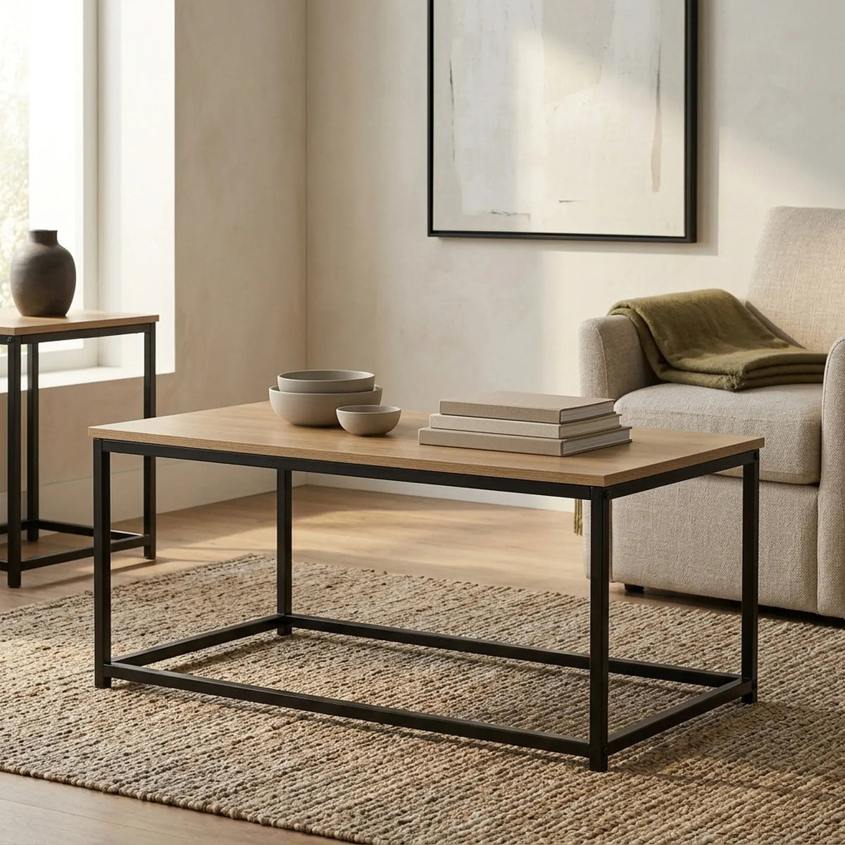 Modern Rustic Coffee Table Wood Top Metal Frame 90x48x40cm - Brown - Furniture > Living Room > TV Units - Rivercity House & Home Co. (ABN 18 642 972 209) - Affordable Modern Furniture Australia