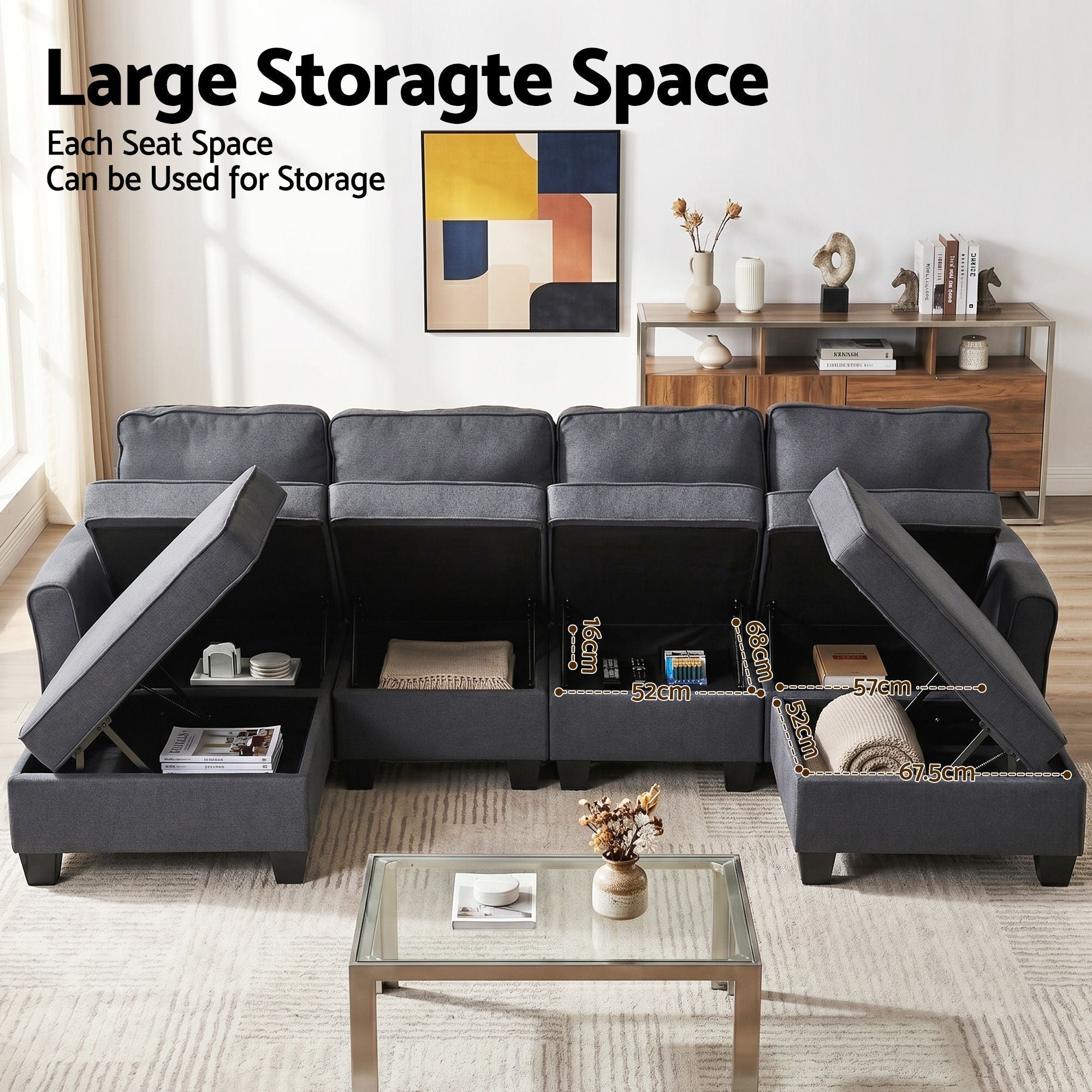 Modular Sectional U Shaped Storage Sofa Couches for Living Room Grey - Furniture > Sofas > Sofas & Sofa Beds - Rivercity House & Home Co. (ABN 18 642 972 209) - Affordable Modern Furniture Australia