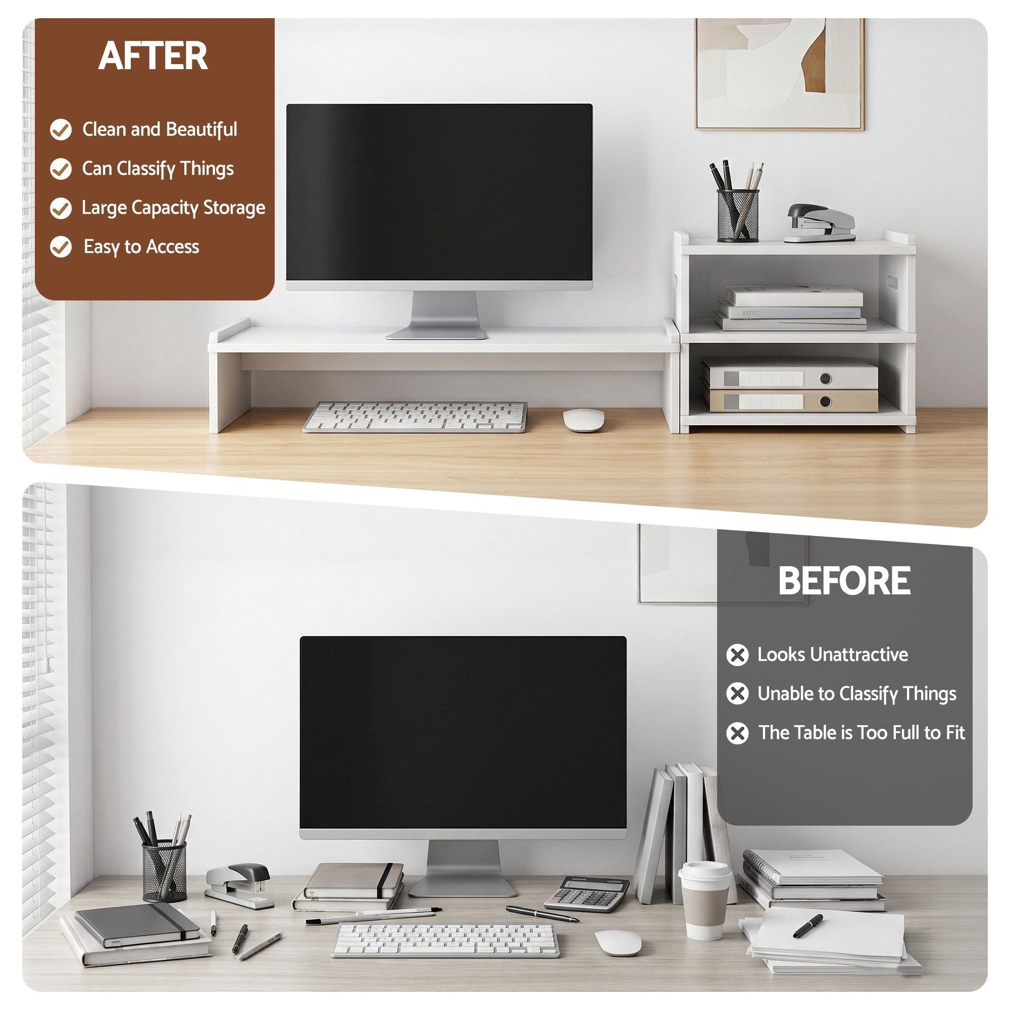 Monitor Stand and 3 - Tier Desk Organiser 2 - in - 1 Modular Computer Monitor Riser PVC Desktop Shelf Holds 20kg for Office Students Gaming - Home & Garden > Home Office Accessories > Desk Accessories - Rivercity House & Home Co. (ABN 18 642 972 209) - Affordable Modern Furniture Australia