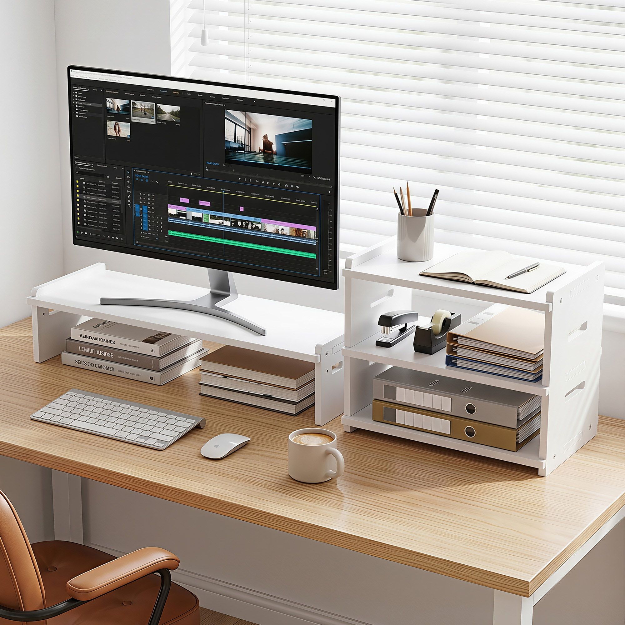 Monitor Stand and 3 - Tier Desk Organiser 2 - in - 1 Modular Computer Monitor Riser PVC Desktop Shelf Holds 20kg for Office Students Gaming - Home & Garden > Home Office Accessories > Desk Accessories - Rivercity House & Home Co. (ABN 18 642 972 209) - Affordable Modern Furniture Australia