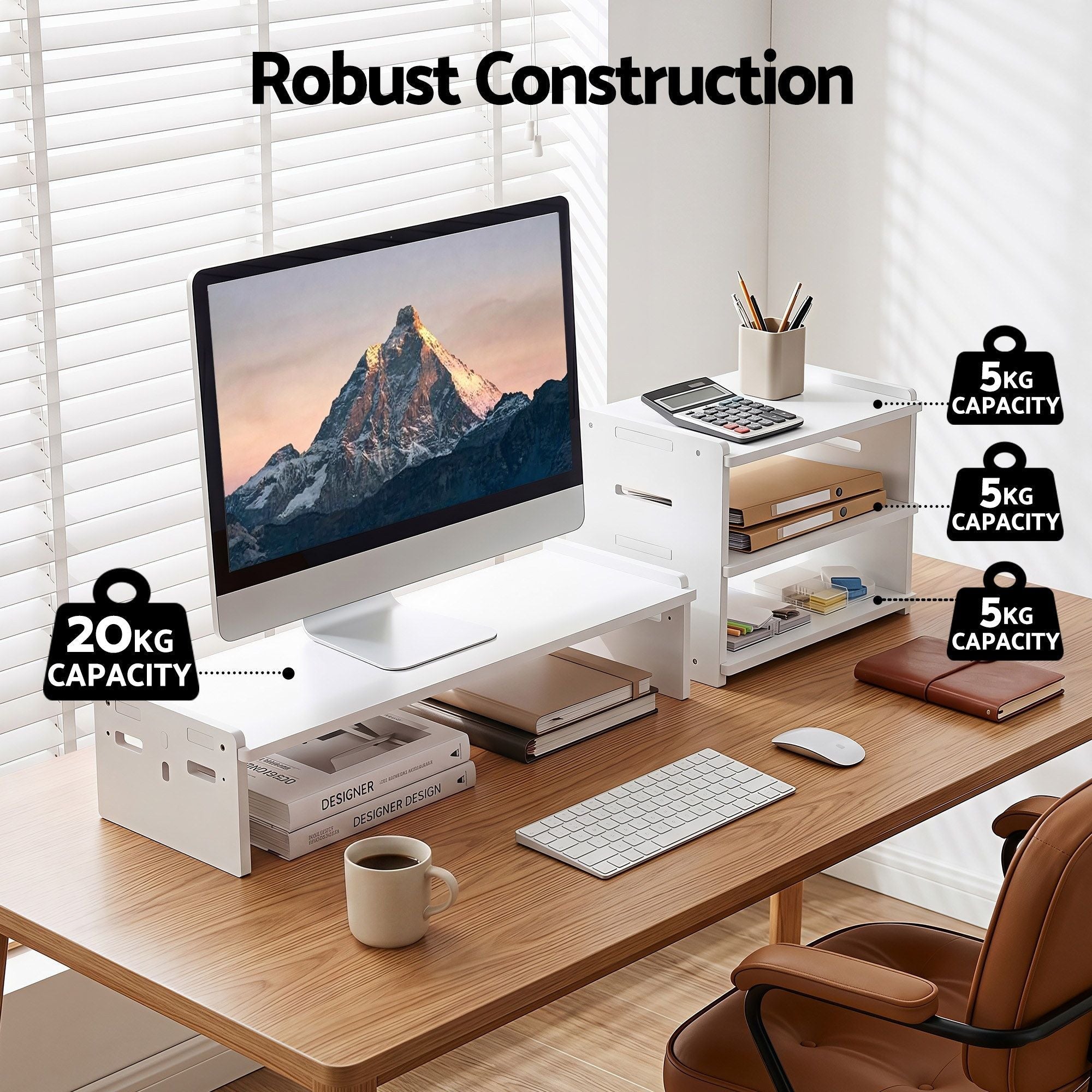 Monitor Stand and 3 - Tier Desk Organiser 2 - in - 1 Modular Computer Monitor Riser PVC Desktop Shelf Holds 20kg for Office Students Gaming - Home & Garden > Home Office Accessories > Desk Accessories - Rivercity House & Home Co. (ABN 18 642 972 209) - Affordable Modern Furniture Australia