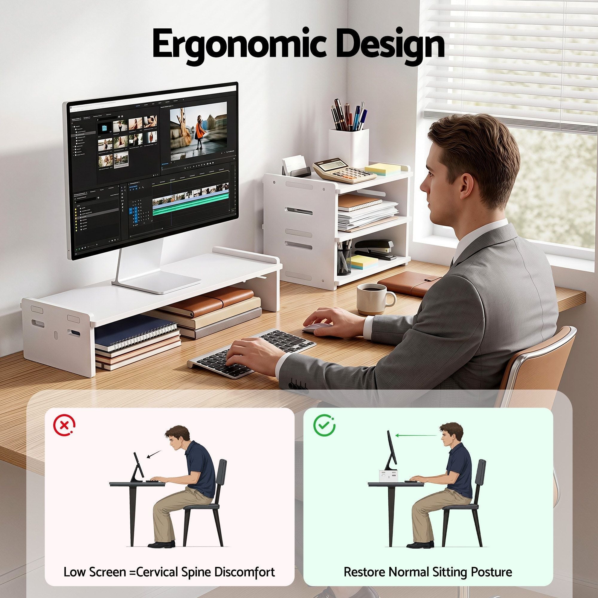Monitor Stand and 3 - Tier Desk Organiser 2 - in - 1 Modular Computer Monitor Riser PVC Desktop Shelf Holds 20kg for Office Students Gaming - Home & Garden > Home Office Accessories > Desk Accessories - Rivercity House & Home Co. (ABN 18 642 972 209) - Affordable Modern Furniture Australia