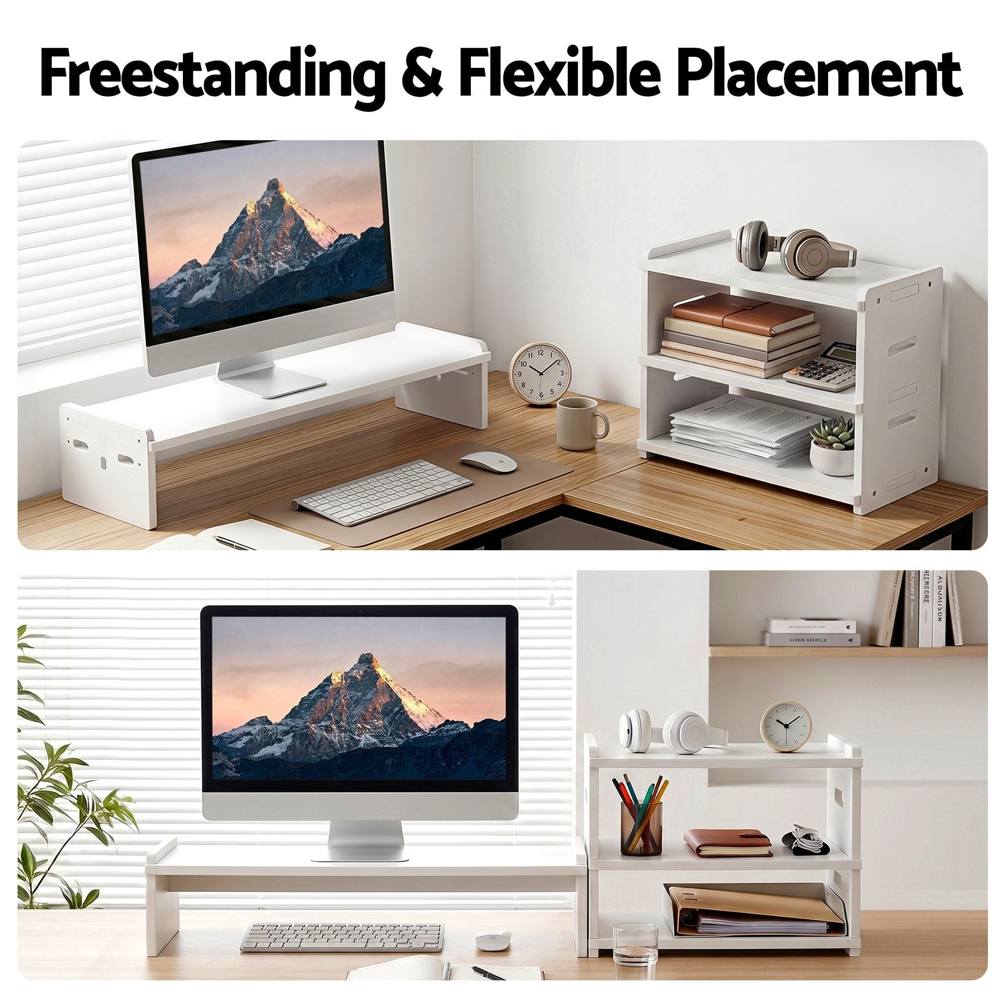 Monitor Stand and 3 - Tier Desk Organiser 2 - in - 1 Modular Computer Monitor Riser PVC Desktop Shelf Holds 20kg for Office Students Gaming - Home & Garden > Home Office Accessories > Desk Accessories - Rivercity House & Home Co. (ABN 18 642 972 209) - Affordable Modern Furniture Australia