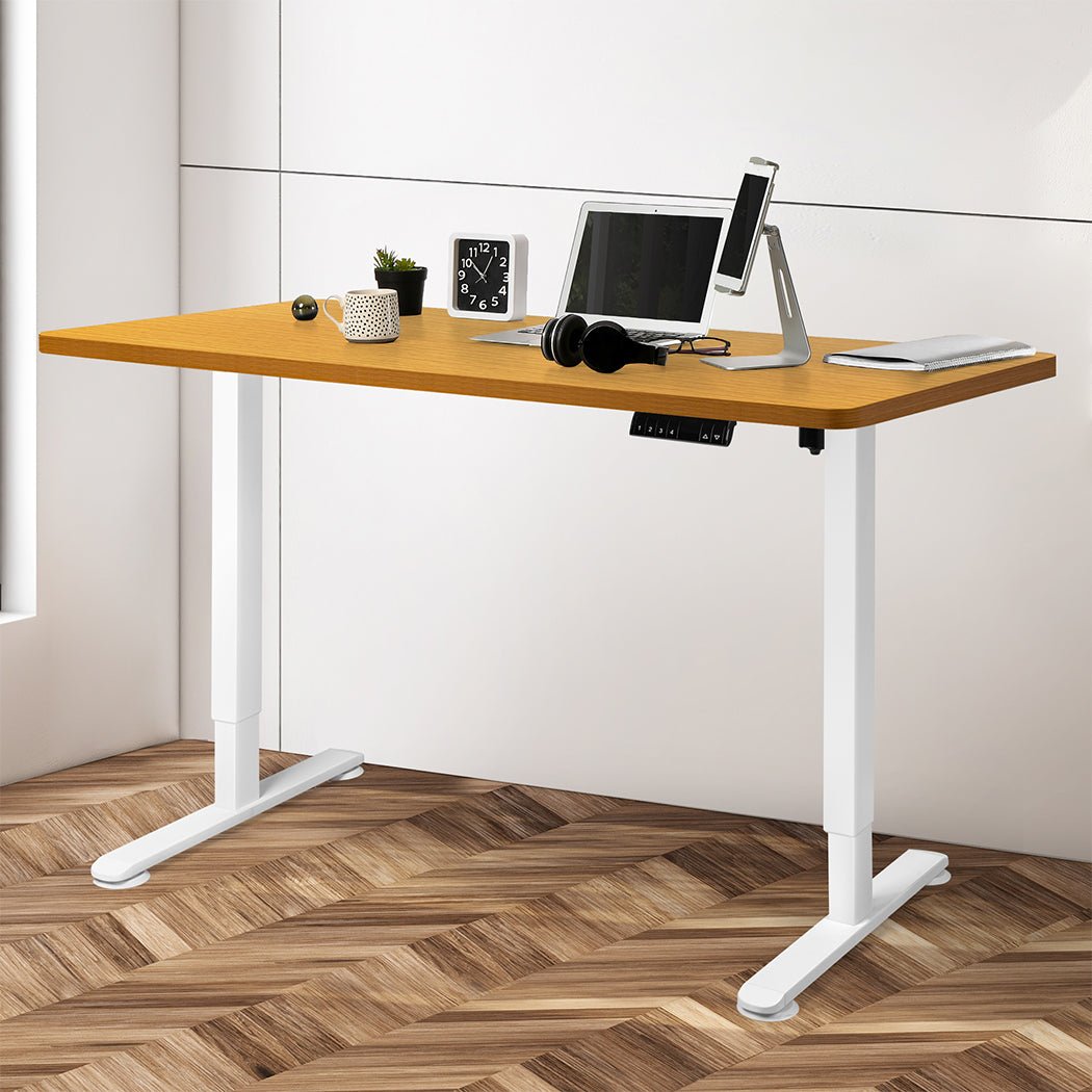 Motorised Adjustable Standing Desk 140cm with Natural Top - White Frame - Rivercity House & Home Co. (ABN 18 642 972 209) - Affordable Modern Furniture Australia
