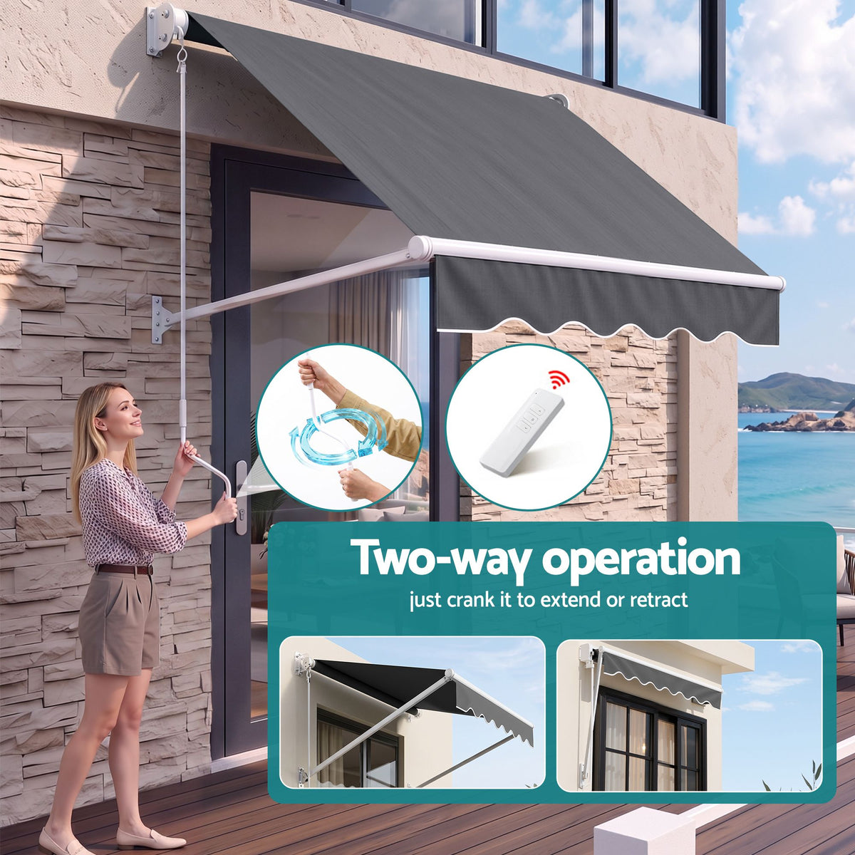 Motorised Pivot Arm Awning Window Sun Shade 1.8x2.1m - Grey - Home & Garden > Shading > Awnings - Rivercity House & Home Co. (ABN 18 642 972 209) - Affordable Modern Furniture Australia
