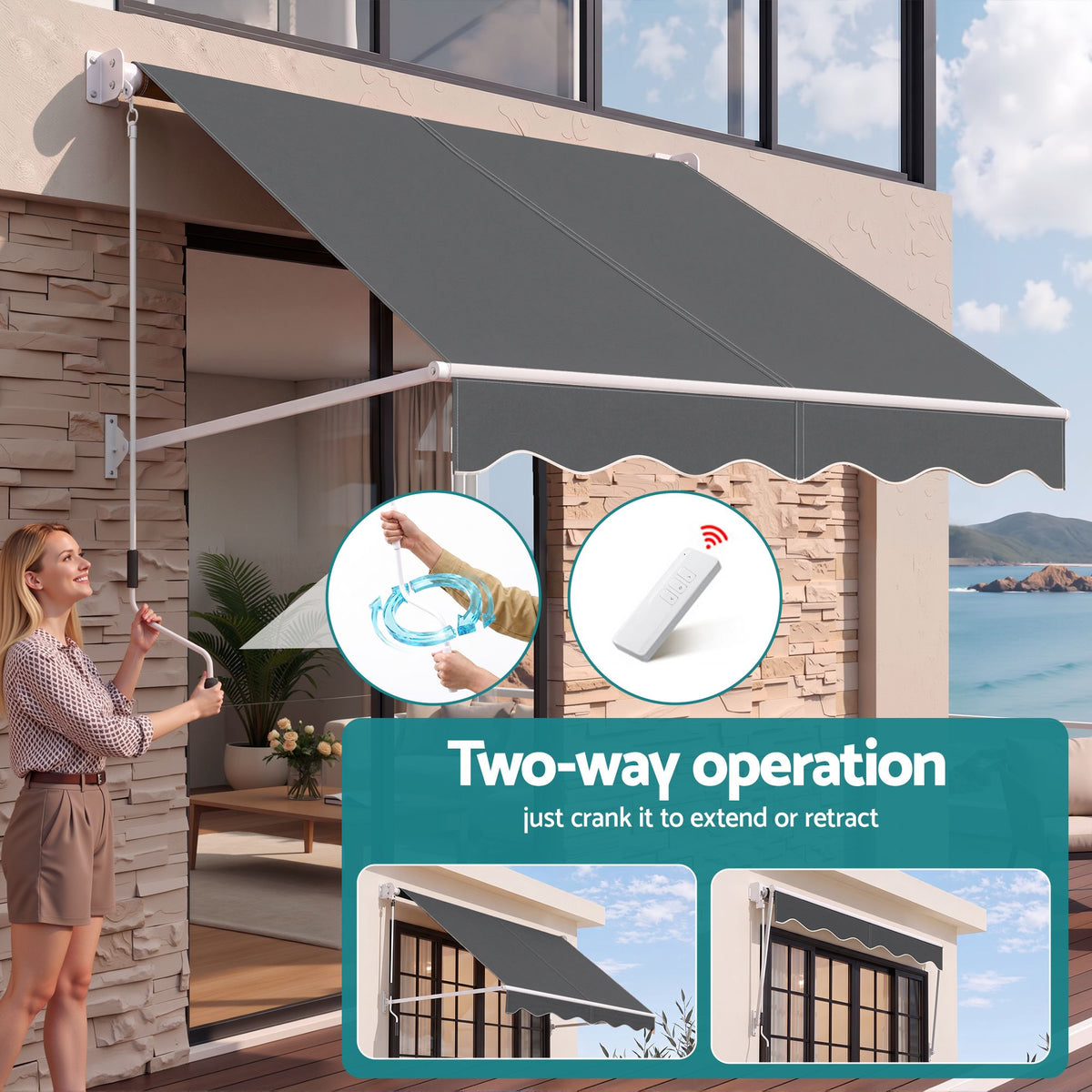 Motorised Pivot Arm Awning Window Sun Shade 2.1 x 2.1m - Grey - Home & Garden > Shading > Awnings - Rivercity House & Home Co. (ABN 18 642 972 209) - Affordable Modern Furniture Australia