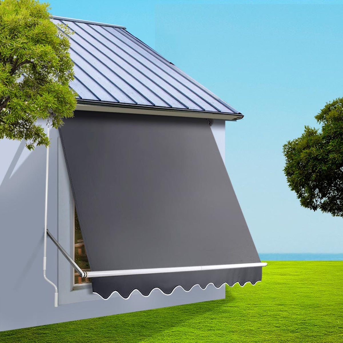 Motorised Pivot Arm Awning Window Sun Shade 2.4 x 2.1m - Grey - Home & Garden > Shading > Awnings - Rivercity House & Home Co. (ABN 18 642 972 209) - Affordable Modern Furniture Australia