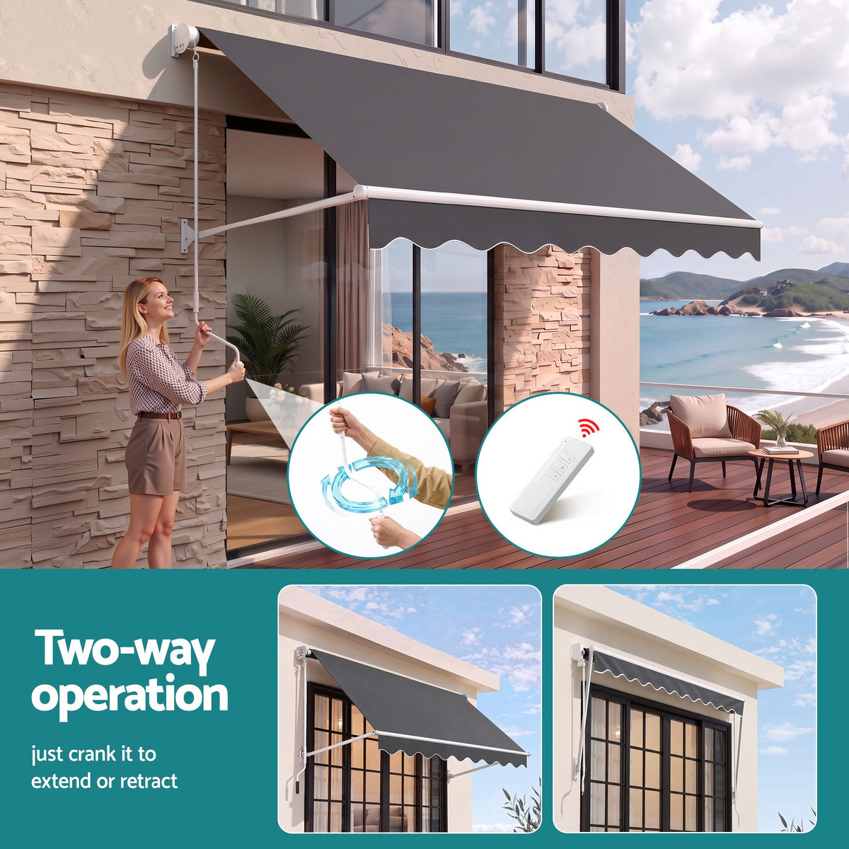Motorised Pivot Arm Awning Window Sun Shade 2.8 x 2.1m - Grey - Home & Garden > Shading > Awnings - Rivercity House & Home Co. (ABN 18 642 972 209) - Affordable Modern Furniture Australia