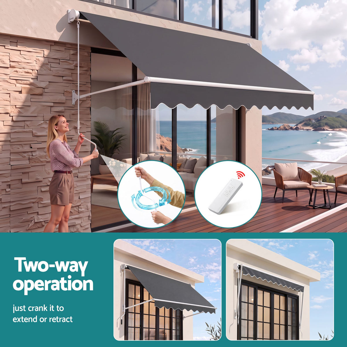 Motorised Pivot Arm Awning Window Sun Shade 3.1 x 2.1m - Grey - Home & Garden > Shading > Awnings - Rivercity House & Home Co. (ABN 18 642 972 209) - Affordable Modern Furniture Australia