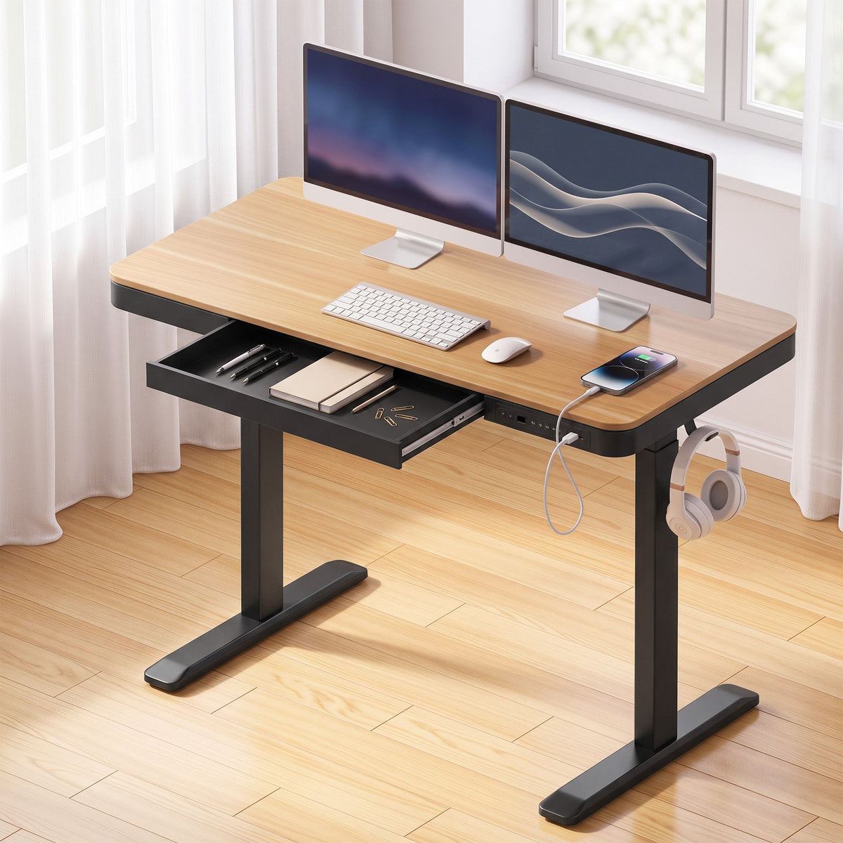 Motorised Standing Desk 120cm with Storage Drawer - Wood Black - Furniture > Office > Desks - Rivercity House & Home Co. (ABN 18 642 972 209) - Affordable Modern Furniture Australia
