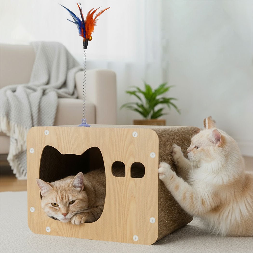 Multi - Angle Cat Scratcher Board with Spring Toy - Brown - Rivercity House & Home Co. (ABN 18 642 972 209) - Affordable Modern Furniture Australia