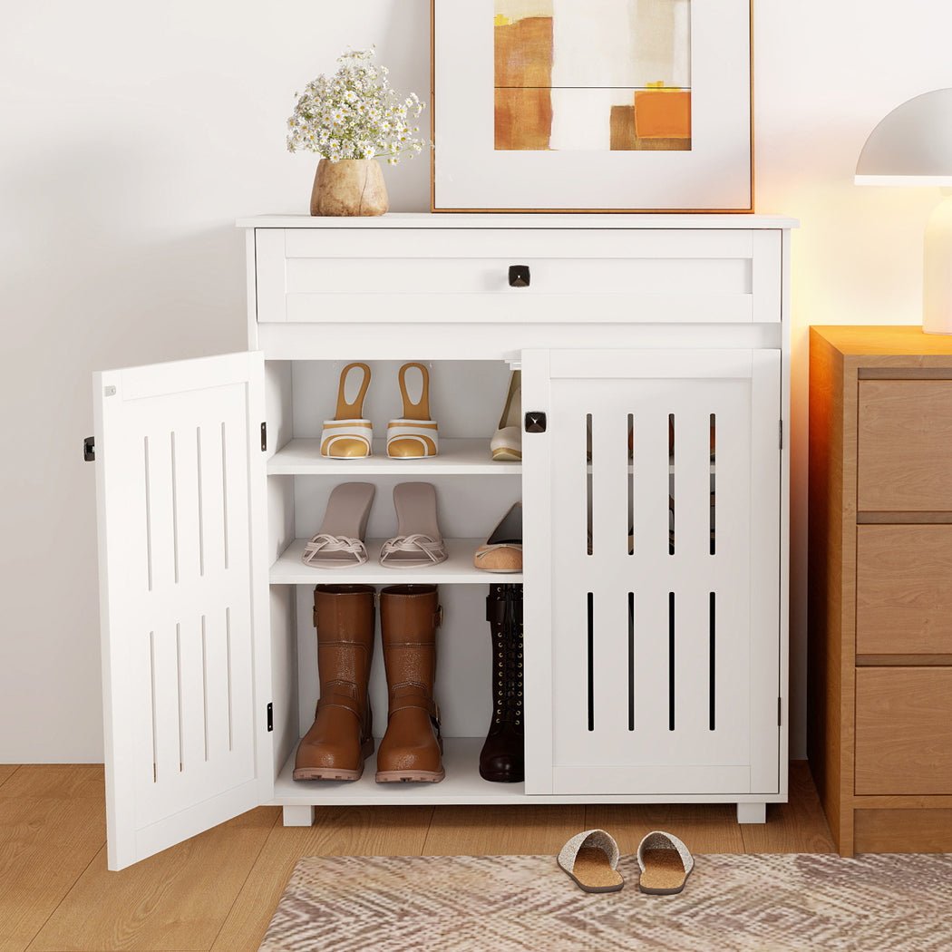Multi - Tier Shoe Storage Cabinet with Louvre Doors and Adjustable Shelves - White - Rivercity House & Home Co. (ABN 18 642 972 209) - Affordable Modern Furniture Australia