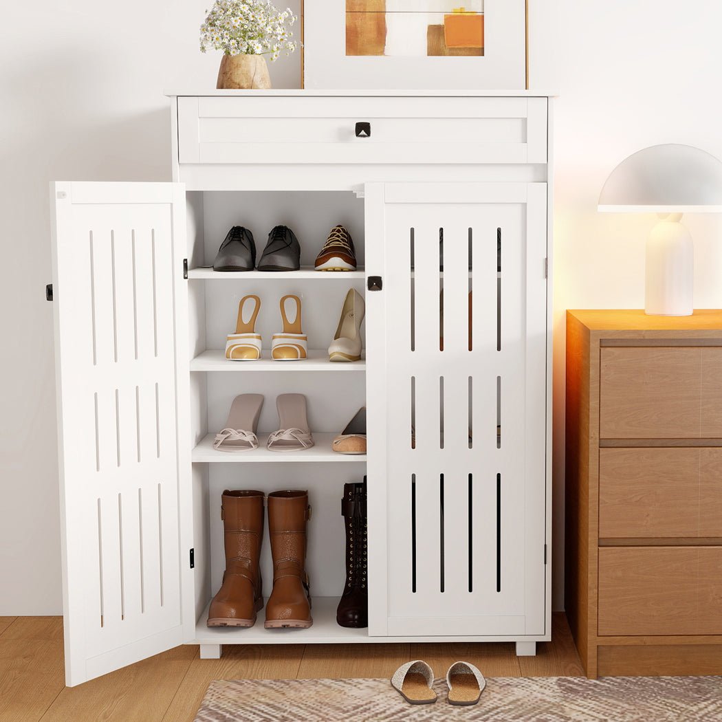 Multi - Tier Shoe Storage Cabinet with Louvre Doors and Adjustable Shelves - White - Rivercity House & Home Co. (ABN 18 642 972 209) - Affordable Modern Furniture Australia