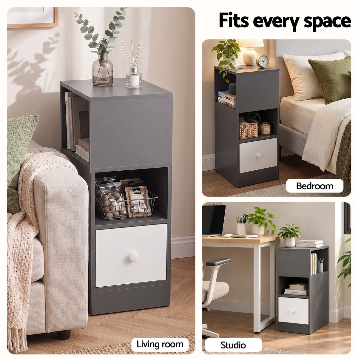 Narrow Bedside Table with 1 Drawer and Side Cabinet - Grey - Furniture > Bedroom > Bedside Tables - Rivercity House & Home Co. (ABN 18 642 972 209) - Affordable Modern Furniture Australia