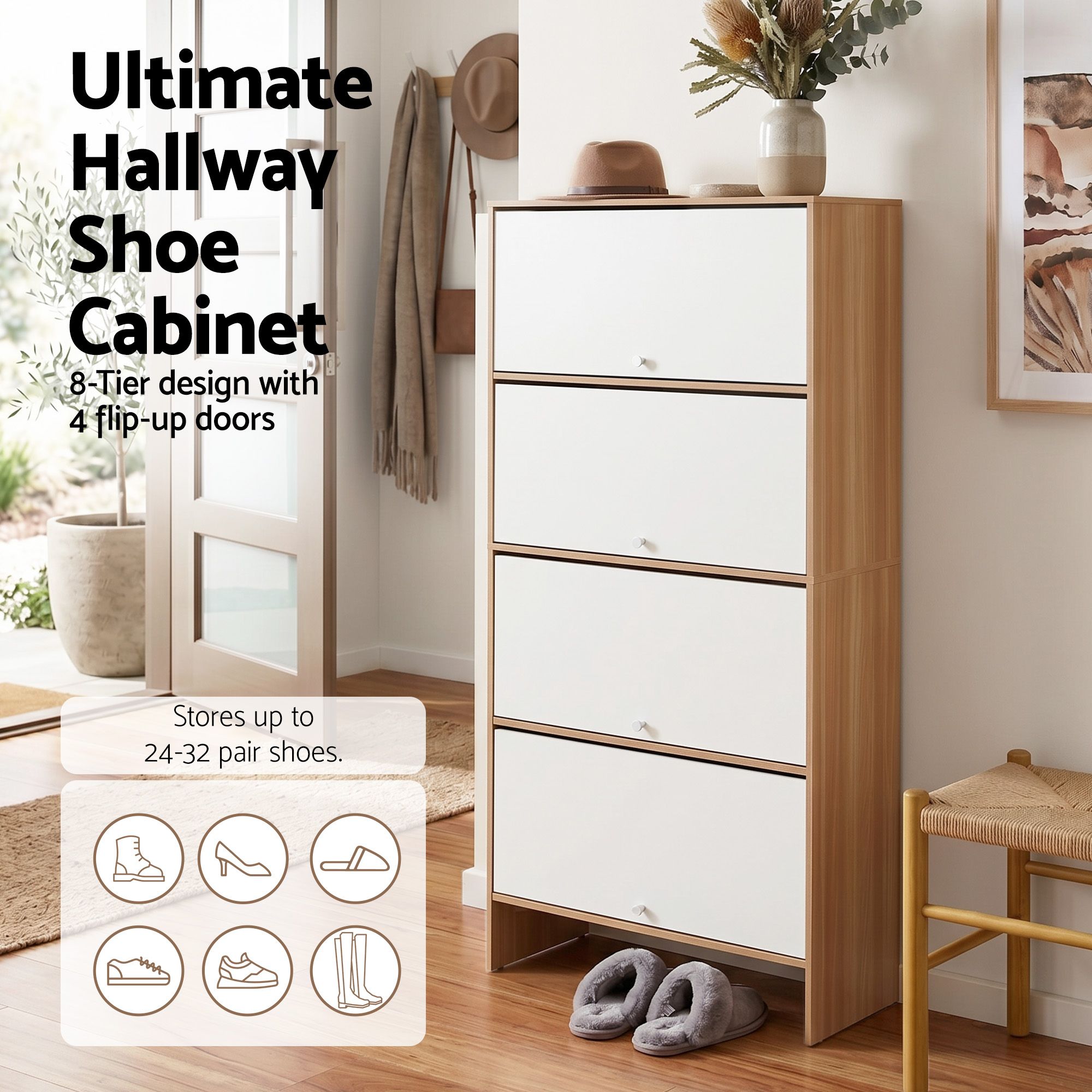 Narrow Shoe Cabinet Adjustable Shelves Flip - up Door White & Pine - Furniture > Living Room > Shoe Storage - Rivercity House & Home Co. (ABN 18 642 972 209) - Affordable Modern Furniture Australia