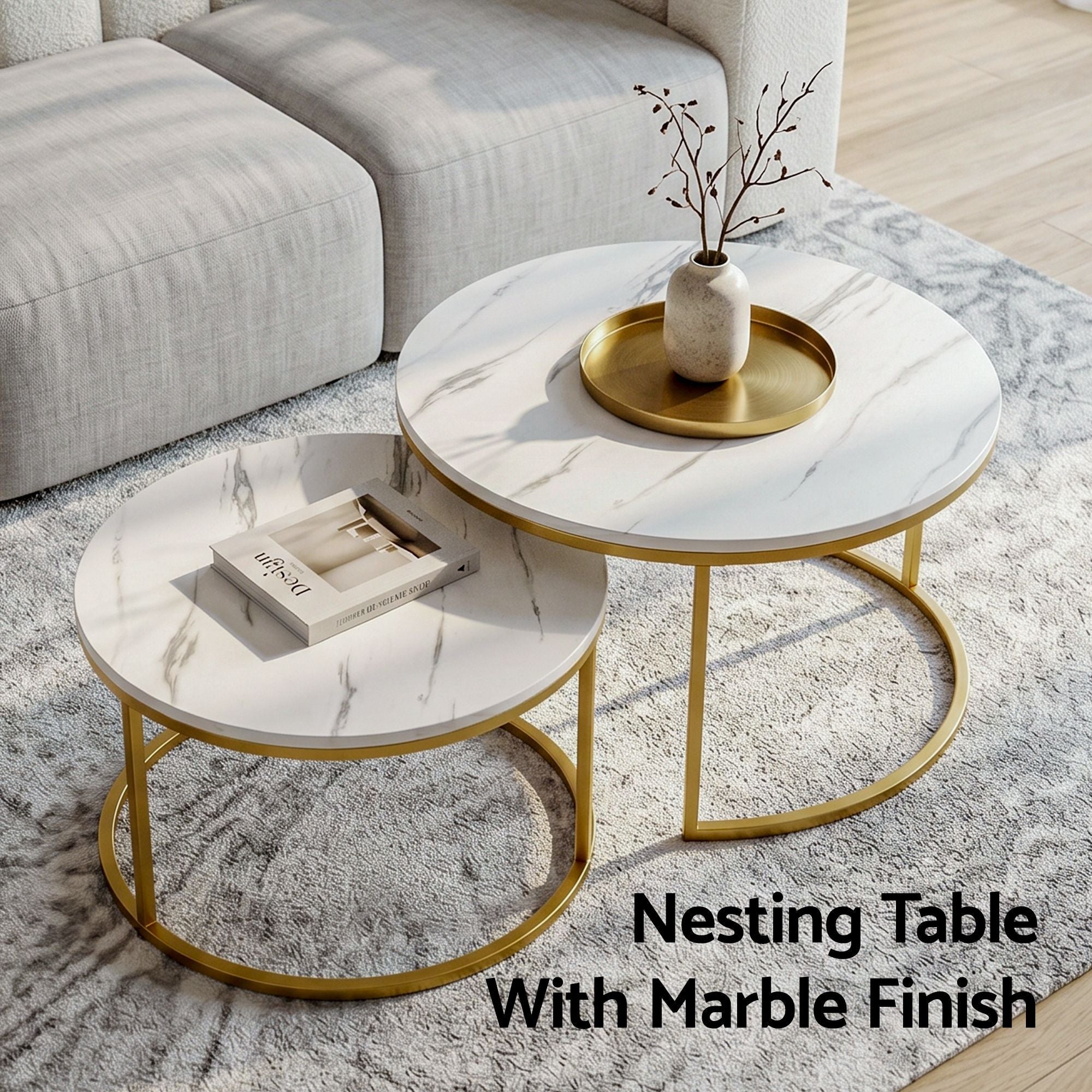 Nesting Coffee Table Set of 2 Round Marble Effect 70/50cm White & Gold - Furniture > Living Room > Coffee Tables - Rivercity House & Home Co. (ABN 18 642 972 209) - Affordable Modern Furniture Australia