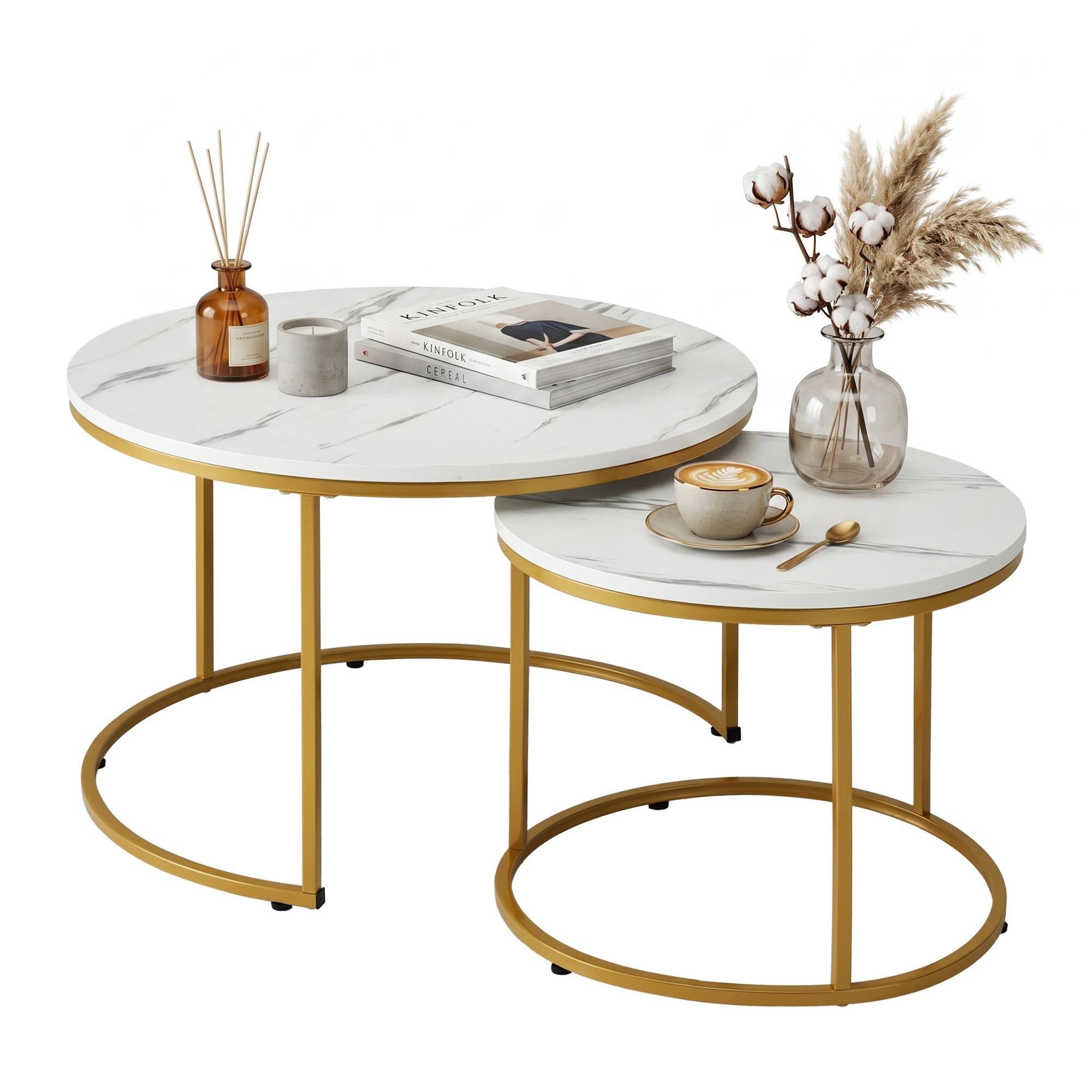 Nesting Coffee Table Set of 2 Round Marble Effect 70/50cm White & Gold - Furniture > Living Room > Coffee Tables - Rivercity House & Home Co. (ABN 18 642 972 209) - Affordable Modern Furniture Australia