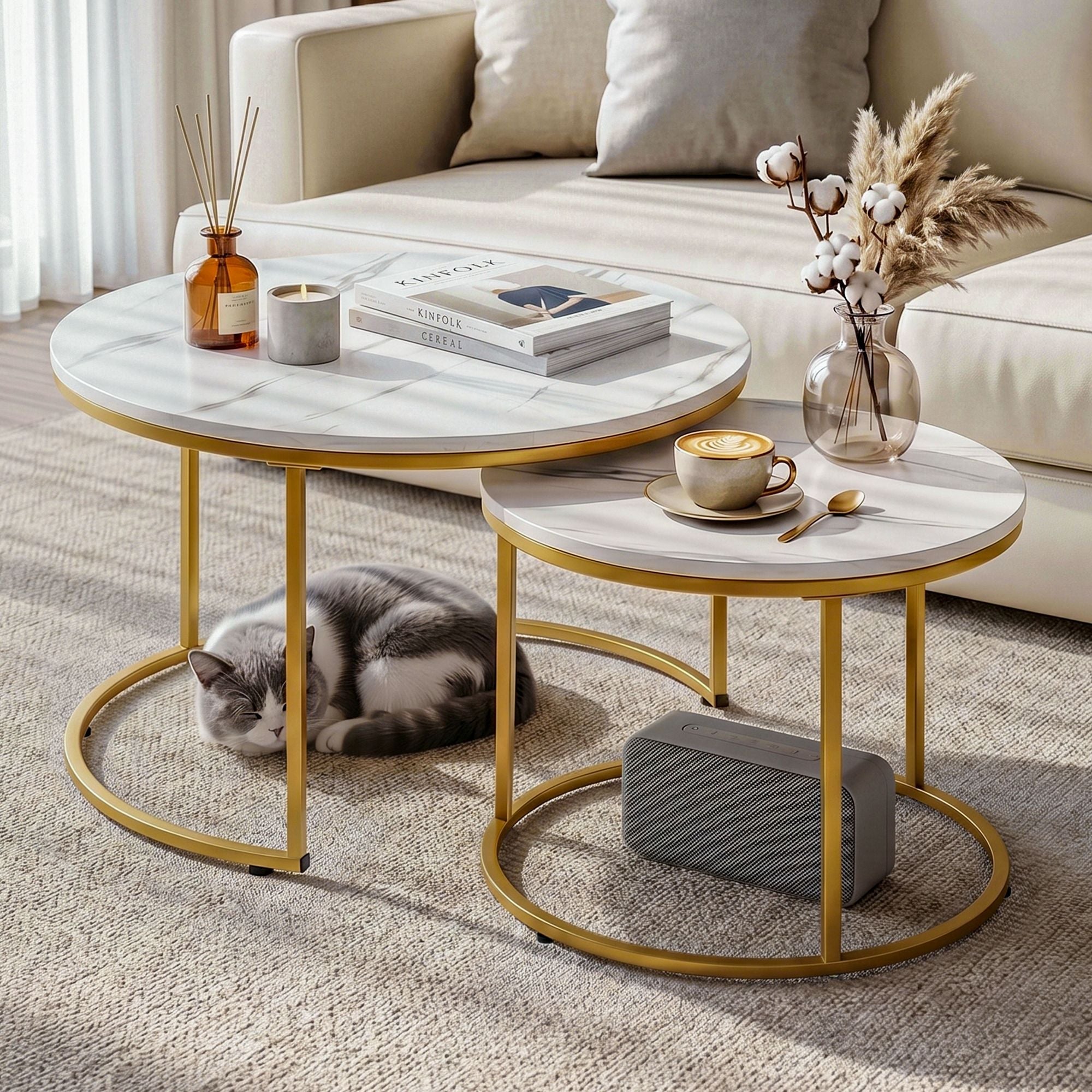 Nesting Coffee Table Set of 2 Round Marble Effect 70/50cm White & Gold - Furniture > Living Room > Coffee Tables - Rivercity House & Home Co. (ABN 18 642 972 209) - Affordable Modern Furniture Australia