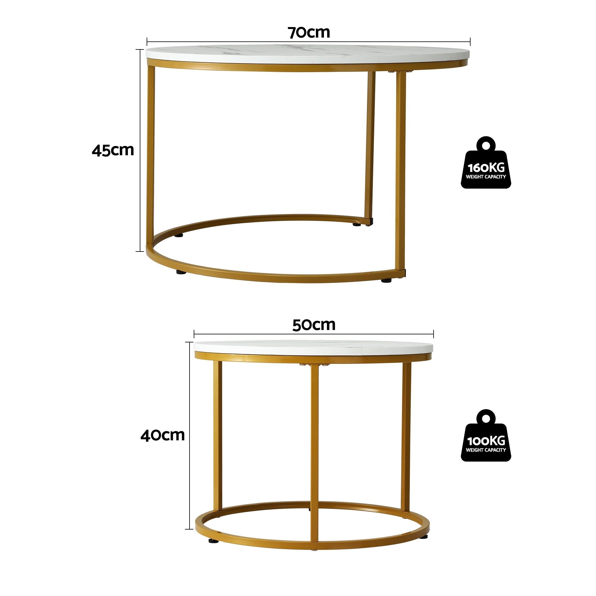 Nesting Coffee Table Set of 2 Round Marble Effect 70/50cm White & Gold - Furniture > Living Room > Coffee Tables - Rivercity House & Home Co. (ABN 18 642 972 209) - Affordable Modern Furniture Australia