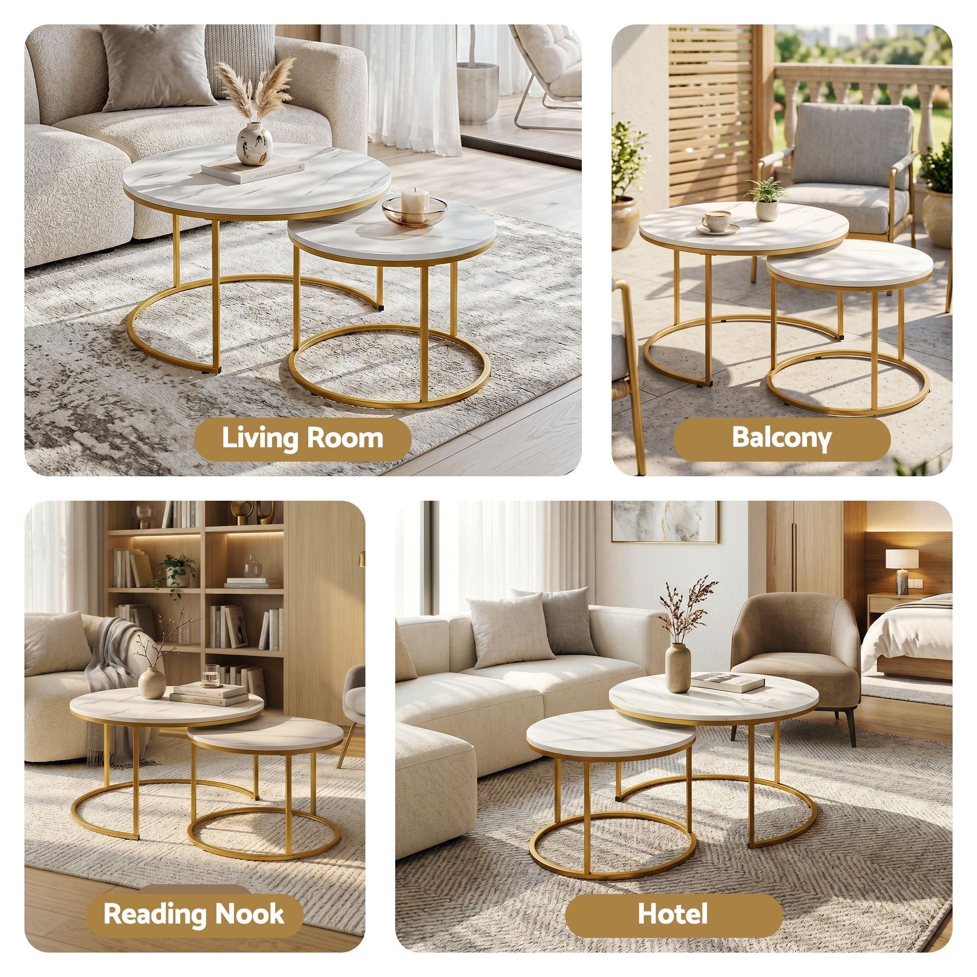Nesting Coffee Table Set of 2 Round Marble Effect 70/50cm White & Gold - Furniture > Living Room > Coffee Tables - Rivercity House & Home Co. (ABN 18 642 972 209) - Affordable Modern Furniture Australia